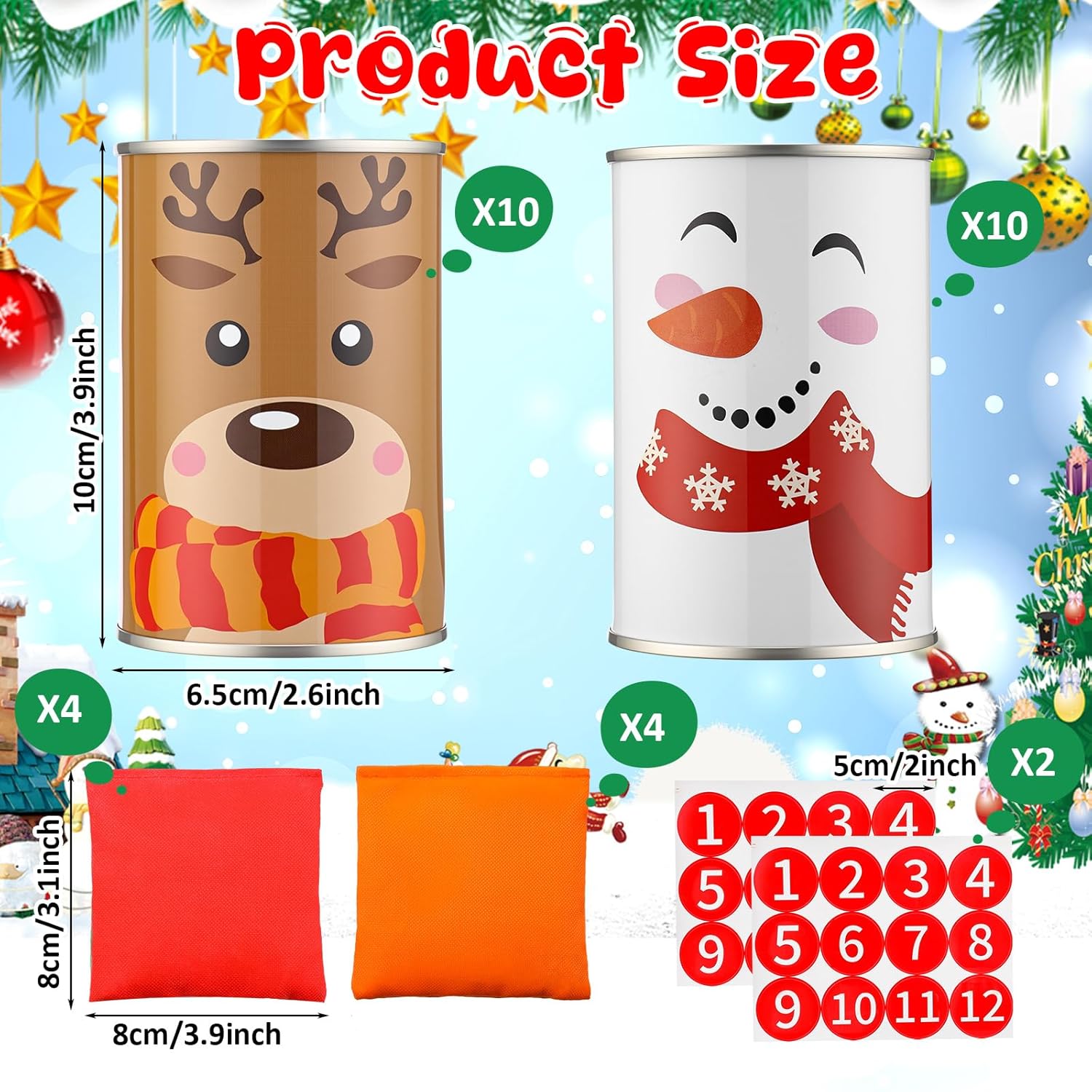 30 Pcs Christmas Bean Bag Toss Party Knockdown Can Set Include 20 Metal Cans 8 Bean Bags And 2 Set Number Stickers For Christmas Xmas Outdoor Indoor Family Party (Elk,Snowman)