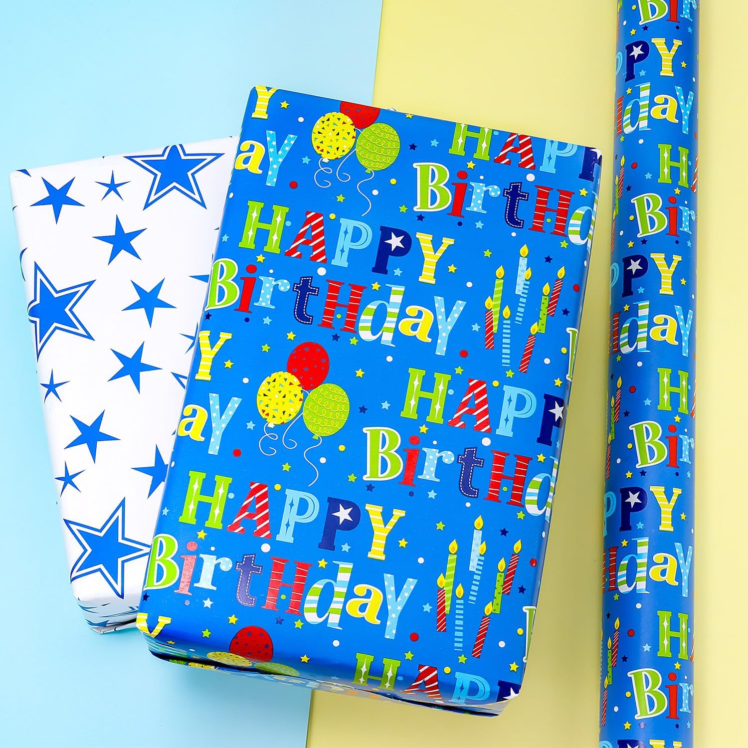 Reversible Birthday Wrapping Paper For Boys Girls Kids Adults Baby Shower - Colorful Happy Birthday Gift Wrap Paper For Party - Gift Wrapping Paper Roll, 17.7 Inch X 33 Feet, High Gloss