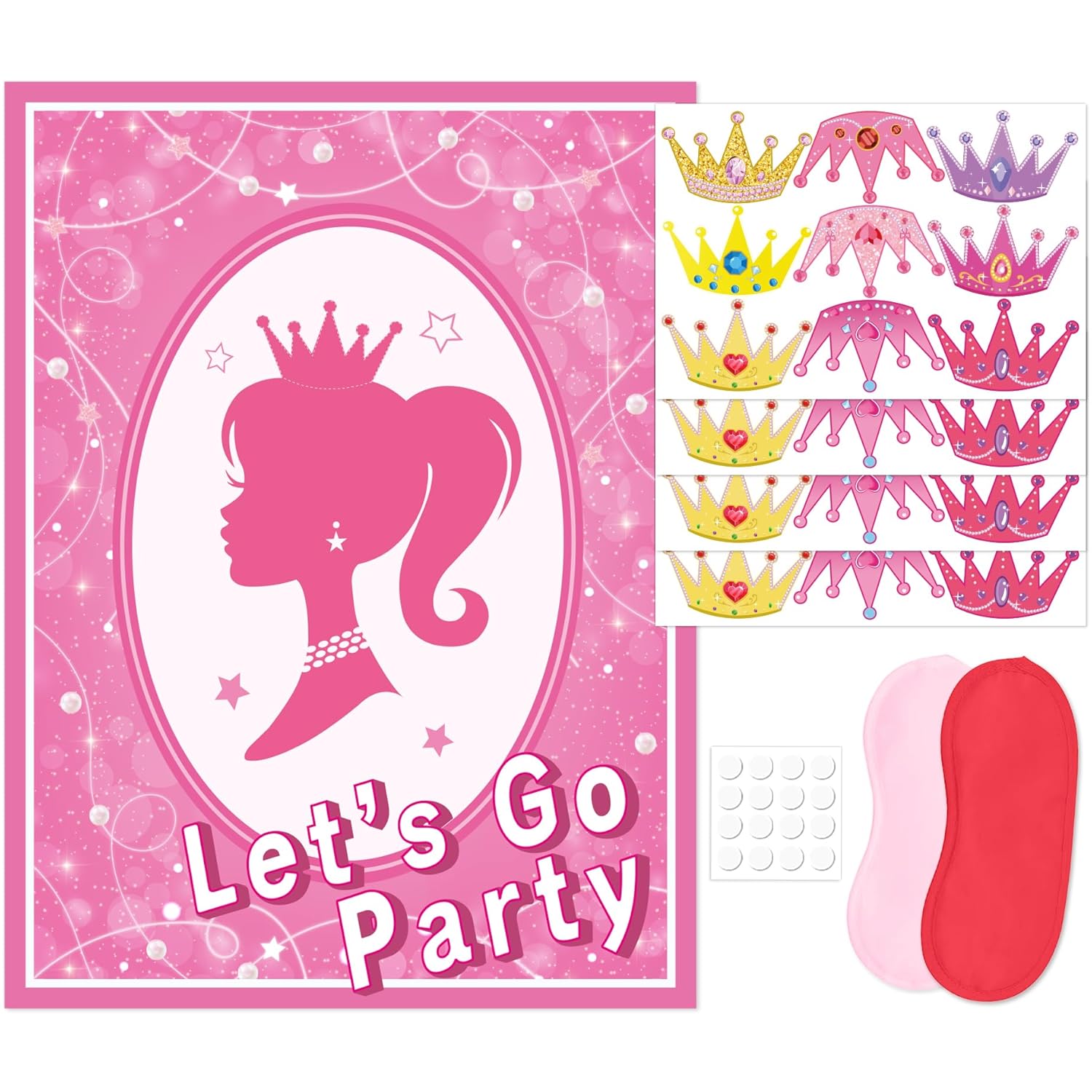Pin The Crown On The Princess Party Game, Pink Girl Party Game, Large Poster With 36 Pcs Bow Stickers Favors For Girls Princess Birthday Party Supplies