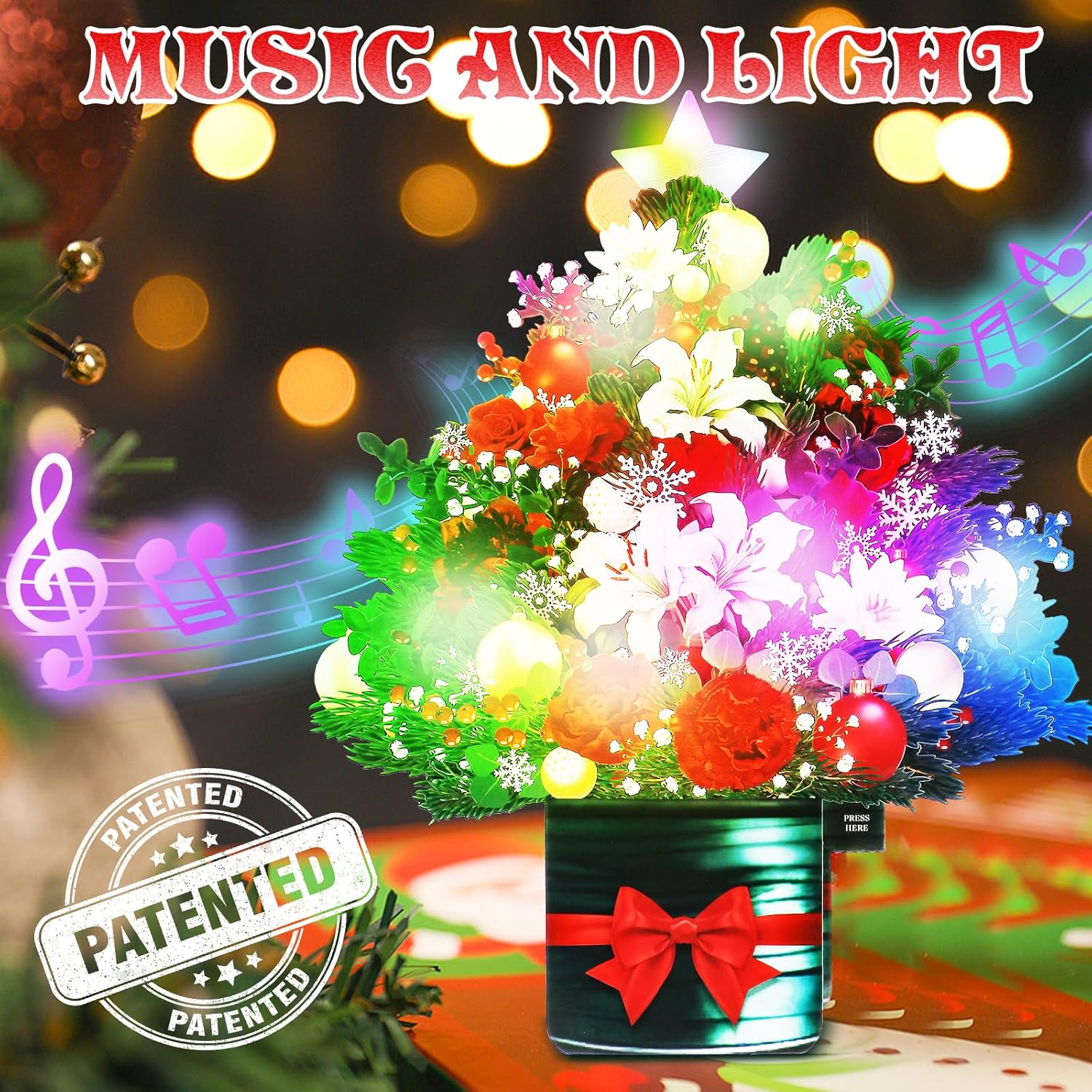 Christmas Tree Pop Up Christmas Cards With Lights And Music, Christmas Tree Bouquet, Popup Musical Greeting Card For Christmas Holiday New Year.