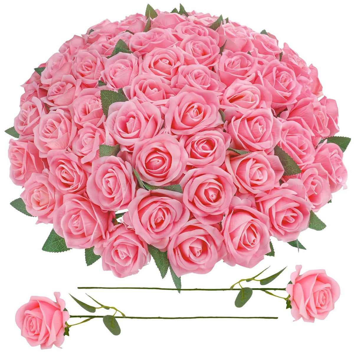 90 Pcs Pink Velvet Rose Artificial Flowers With Long Stems, Fake Silk Roses Real Touch Fake Roses Florals For Birthday Wedding Bouquet Party Arrangement Decorations