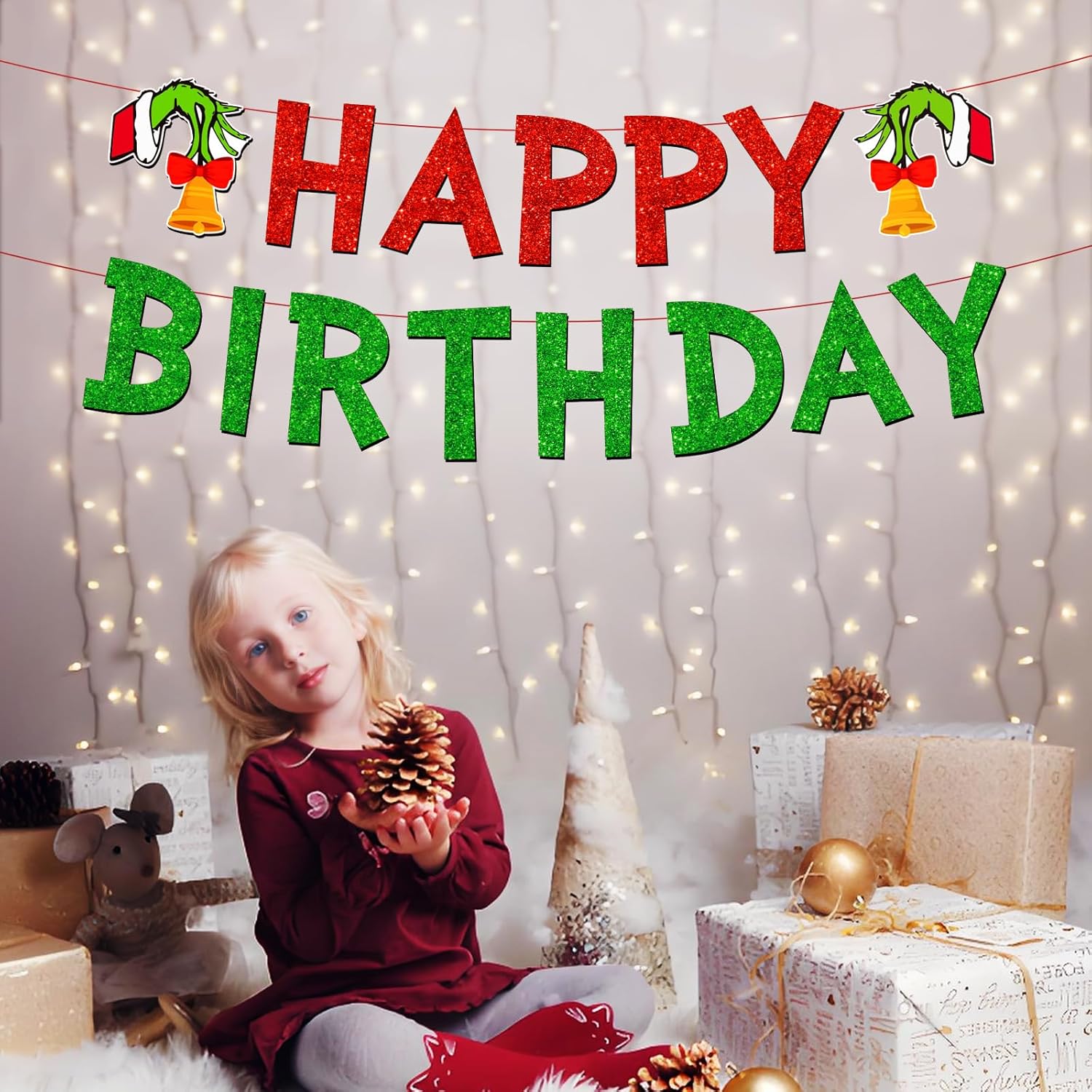 Merry Christmas Birthday Banner, No Diy, Glittery Happy Xmas Themed Party Decorations Red And Green December Party Supplies