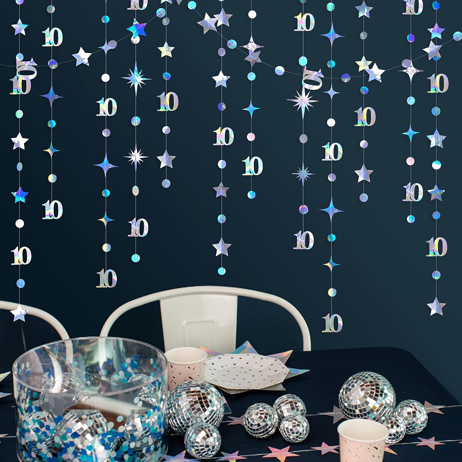 Iridescent 10Th Birthday Decorations Number 10 Circle Dot Twinkle Star Garland Metallic Hanging Streamer Bunting Banner Backdrop For Girls Boys Ten Year Old Birthday 10Th Anniversary Party Supplies