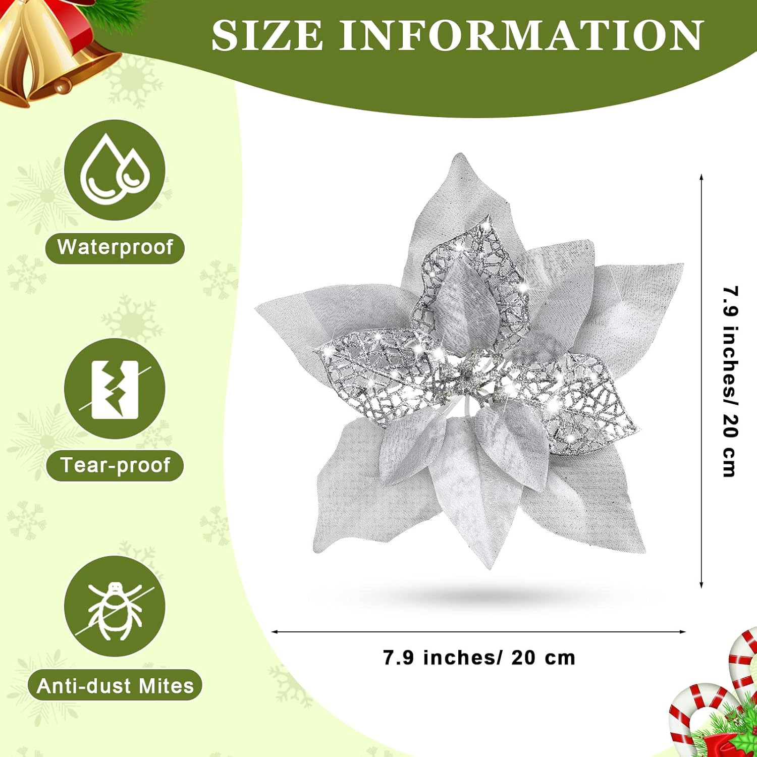30 Pieces 8 Inches Large Christmas Artificial Poinsettia Flower Christmas Tree Glitter Faux Flowers Floral Wreath Garland Xmas Tree Ornaments For Wedding Holiday Wreath Diy (Silver)