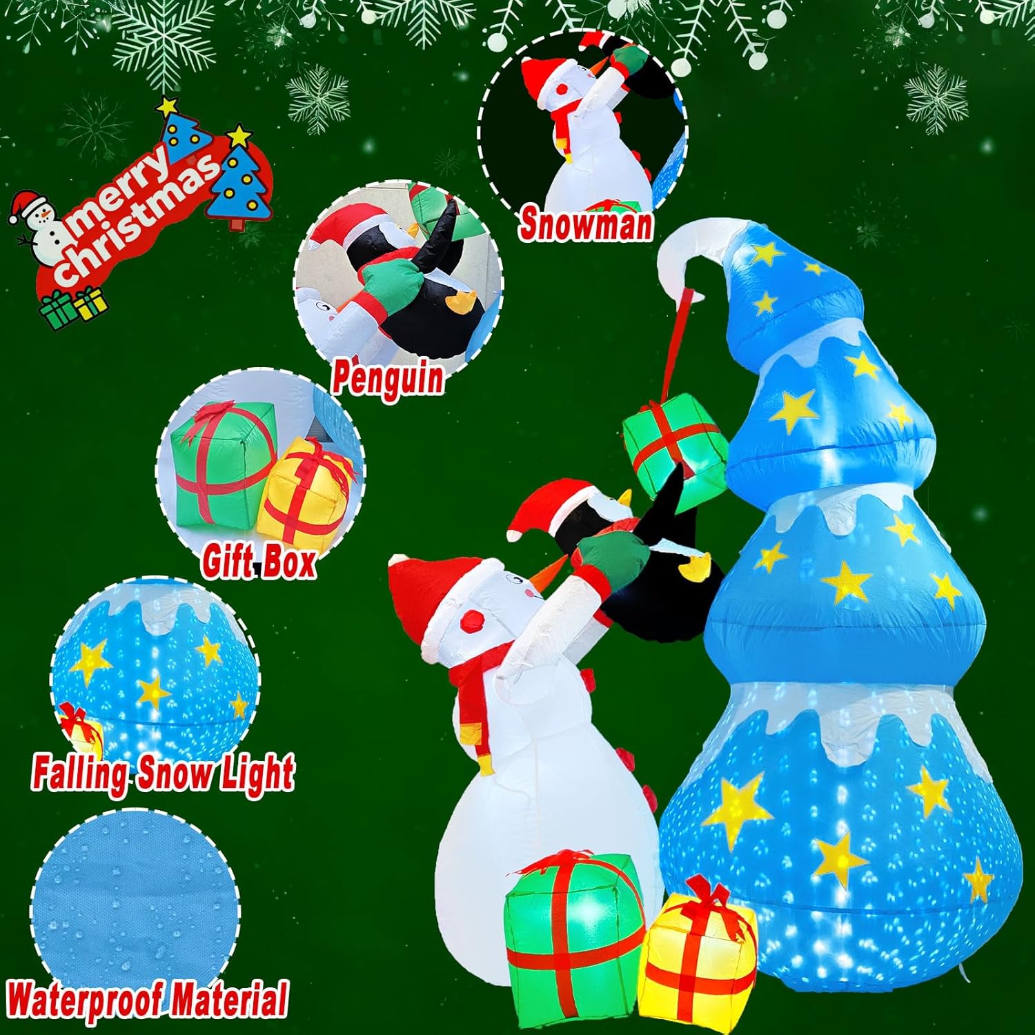8Ft Christmas Inflatables Snowman Yard Decoration, Blow Up Christmas Tree Penguin Gift Box Outdoor Decorations With Fall