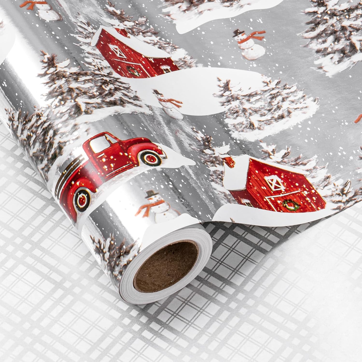 Christmas Silver Wrapping Paper Mini Roll For Boy Kid, Red Truck, Snowy Pine Forest & Grid Plaid, Silver Foil Reversible Design For Winter Holiday Family Gathering, 17 Inches X 32.8 Feet