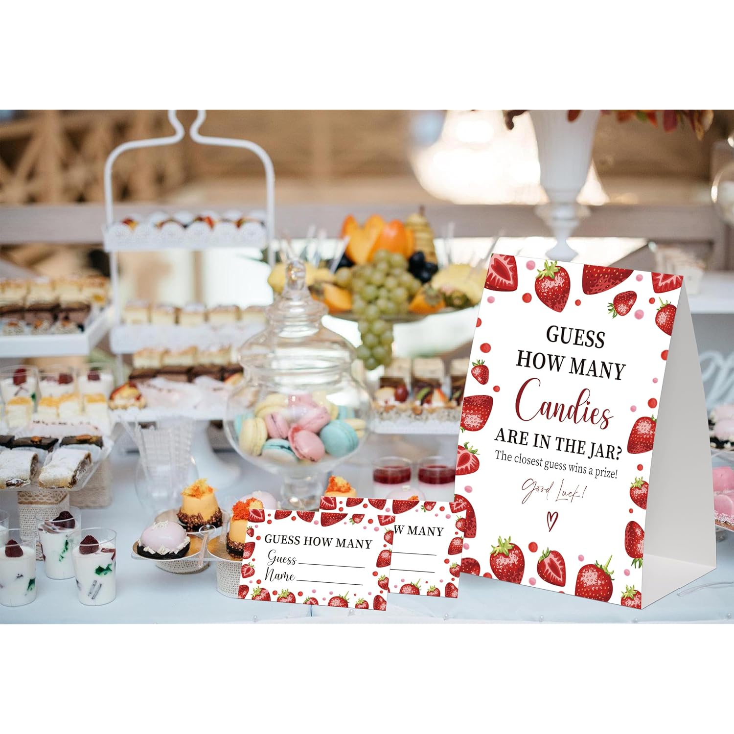Strawberry Guess How Many Candies Are In The Jar Game For Baby Shower, Pack Of One 5X7 Sign And 50 Guessing Cards, Berry Sweet Baby Shower Decoration, Gender Neutral Party Supplies - Gc03