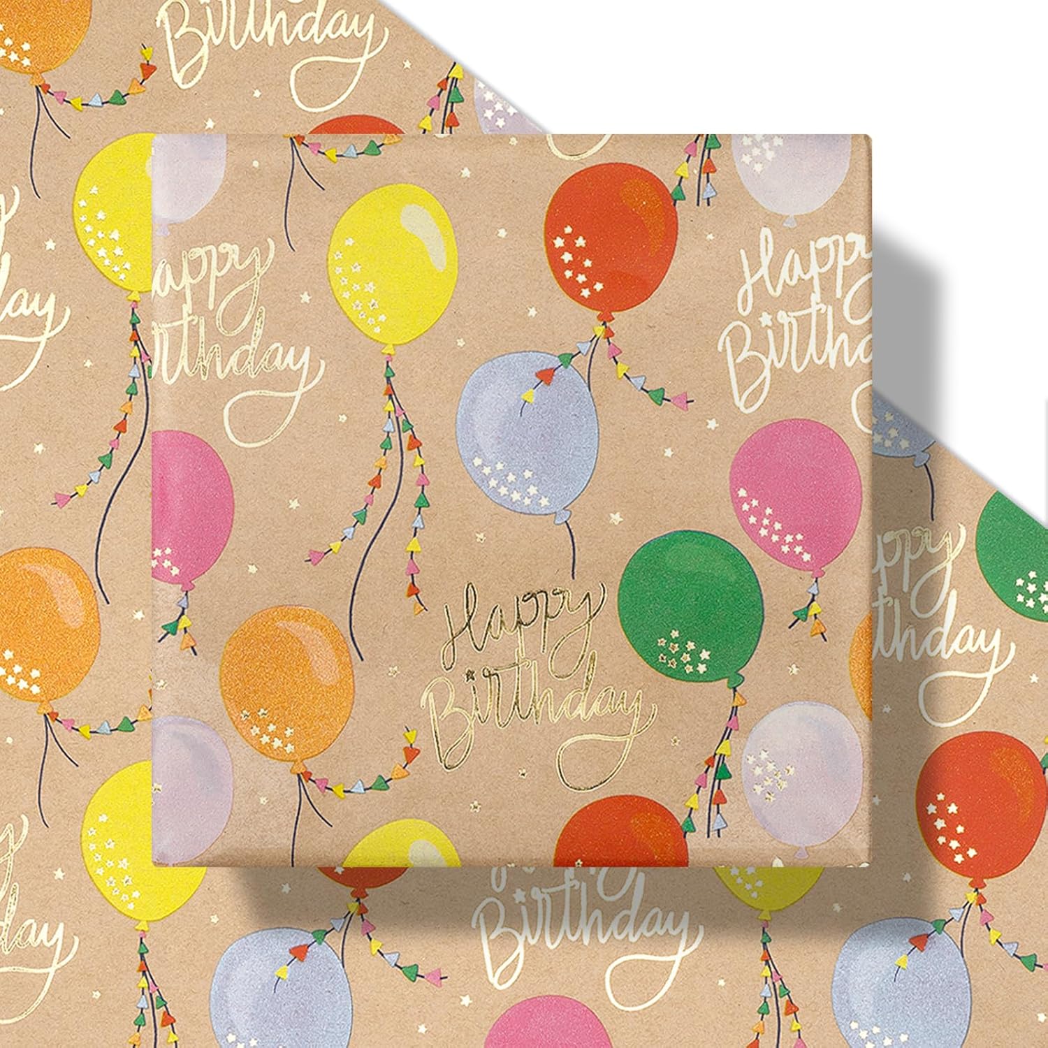 Birthday Wrapping Paper Roll, Jumbo Roll, Colorful Balloons Gift Wrap Paper, Gold Foil Happy Birthday Kraft Wrap Paper Perfect For Boys Girls Party Celebrations, 30 Inches X 16.4 Feet