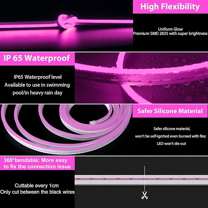 16.4FT Pink LED Neon Flex Strip Light 12V Waterproof Silicone Rope Light Indoor Outdoor Decor