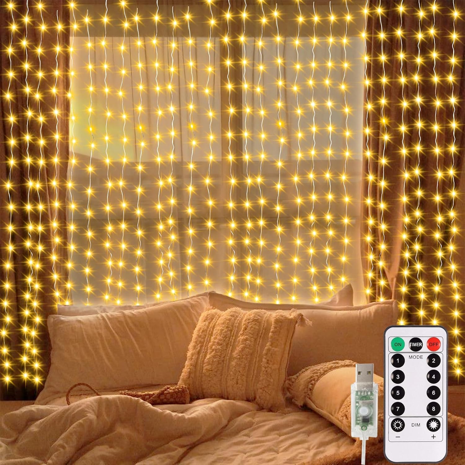 Curtain Lights, 300 Led Fairy Curtain Lights With Remote Timer, Usb Powered Copper Curtain String Lights 9.8Ft X 9.8Ft F