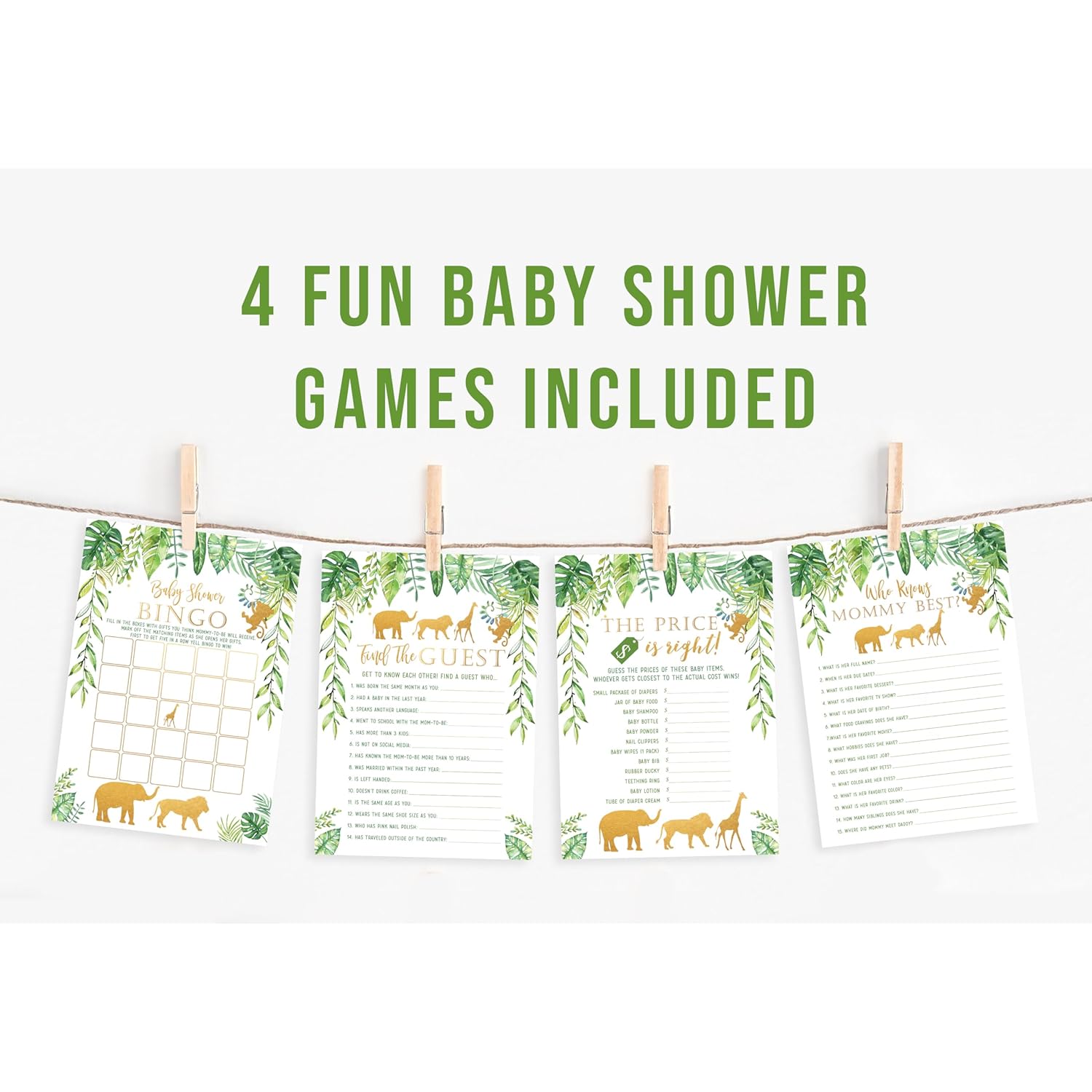Jungle Baby Shower Games - 25 Each - Bingo, Find The Guest, The Price Is Right, Who Knows Mommy Best - Jungle Animals Theme - Printed Front And Back, 1 Game Per Side