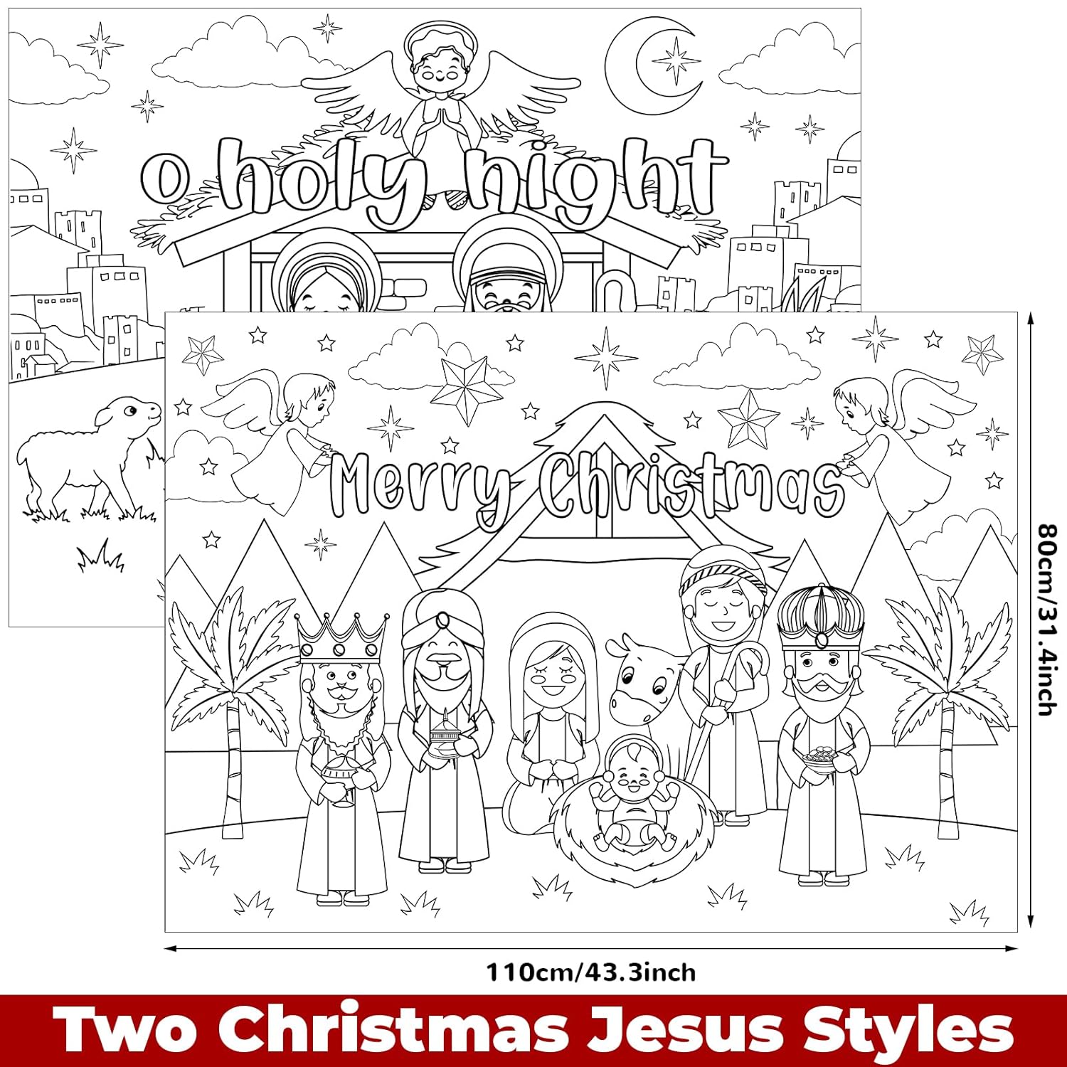 2 Pcs Christmas Coloring Posters - Jesus O Holy Night Giant Pages With 24 Color Pens - 31.4 X 43.3 Inch Xmas Huge Table Cover For Home Classroom Party Supplies Favor