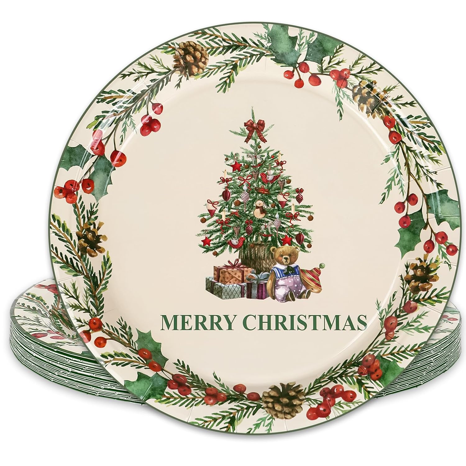 Christmas Paper Plates Christmas Tree Disposable Plates Mistletoe Wreath Xmas Dinnerware Plates Set 9 Inch For Winter Holiday Party Supplies Table Decor, 24Pcs