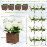 Dining Table Centerpiece Set Of 4 - Artificial Peony Flowers With Wooden Vase - Boho Fake Rose Bouquets Small Faux Silk Floral Arrangement For Wedding Party Bathroom Home Décor, White