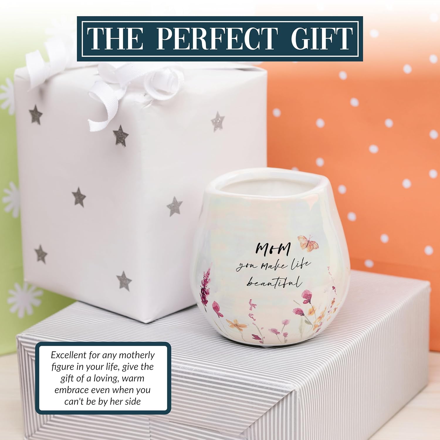 Pavilion Gift Company - Mom Ceramic Candle, Jasmine Scented, Mothers Day Gift, Cream, 8-Ounce, 1 Count
