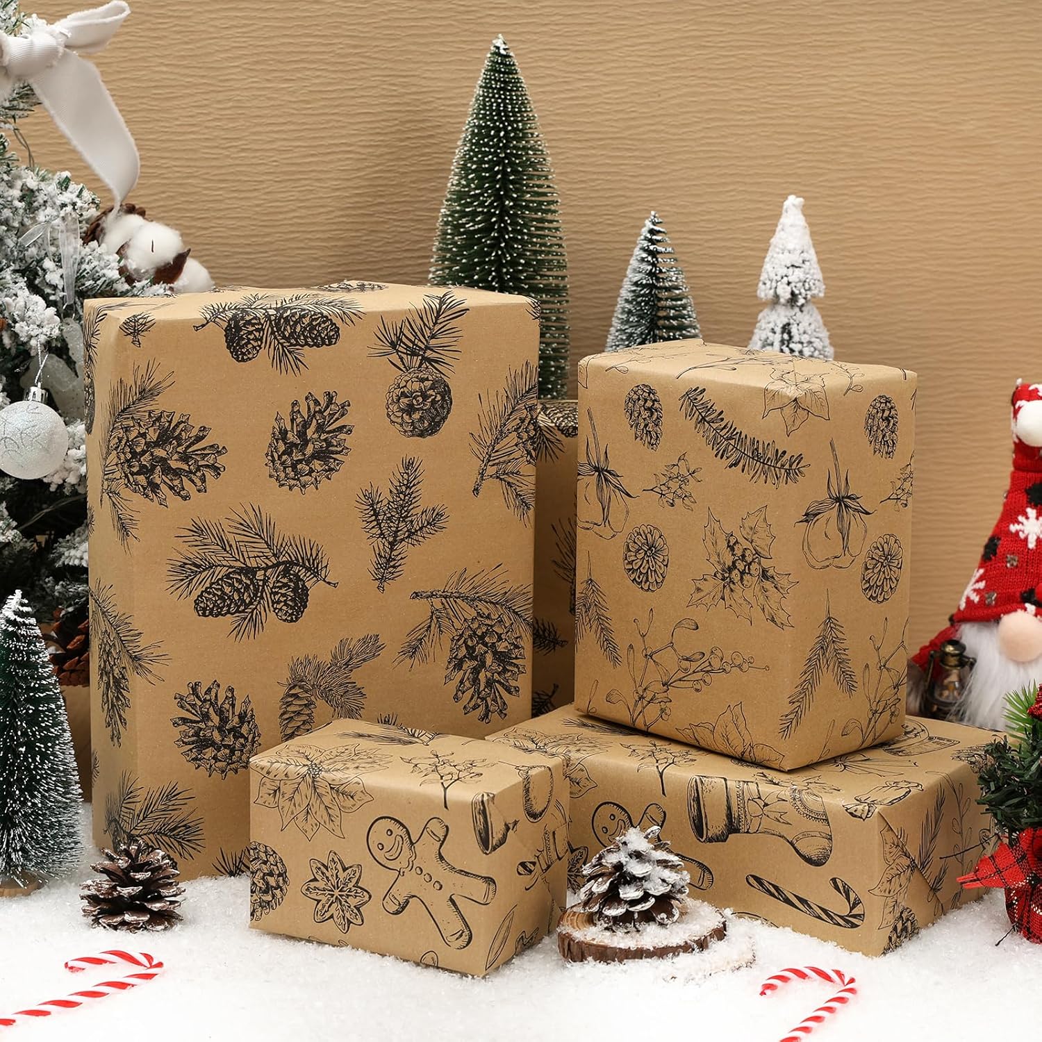 Christmas Wrapping Paper Roll - Brown Kraft Vintage Gift Wrapping Paper For Xmas,Birthday,Seasonal Winter Holiday Party - 3 Mini Roll -17In X120In Per Roll(42.3 Sqft)