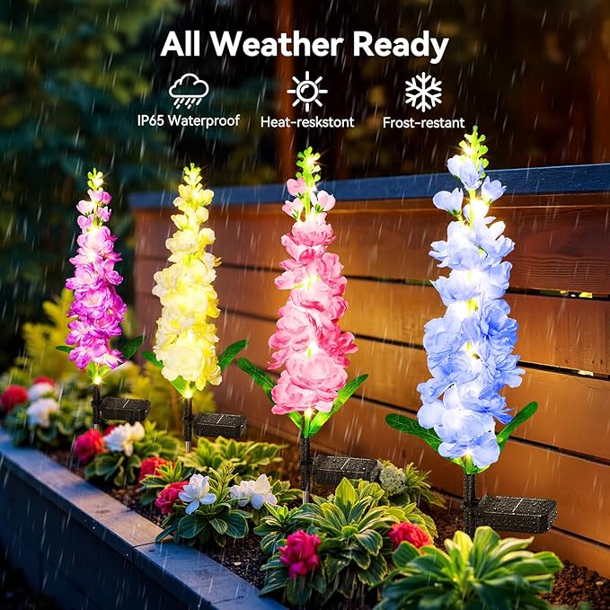 4 Pack Upgraded Delphinium Solar Garden Lights 36 LED Waterproof Outdoor Flower Decor