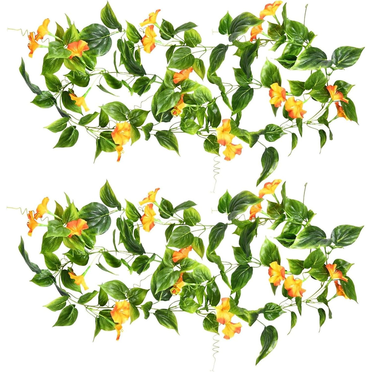Fake Morning Glory Hanging Plants, Artificial Vines Silk Flowers Faux Ivy Plastic Greenery Garland Plant For Home Garden Yard Wall Fence Stairway Wedding Party Basket Diy Decoration Orange 2 Pack