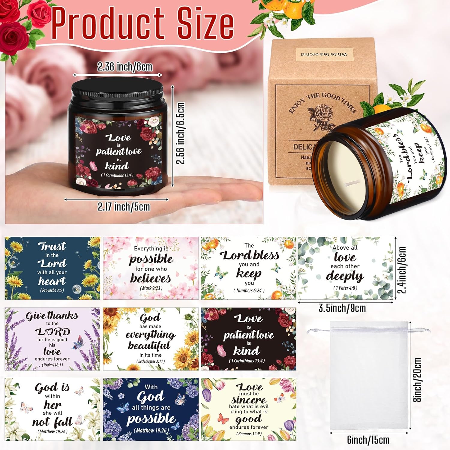 30 Pcs Christian Gifts For Women, 10 Pcs Scented Religious Bible Candles 10 Floral Verses Cards And 10 White Organza Bag For Women Christmas Birthday Wedding Party Gift Supplies Favor