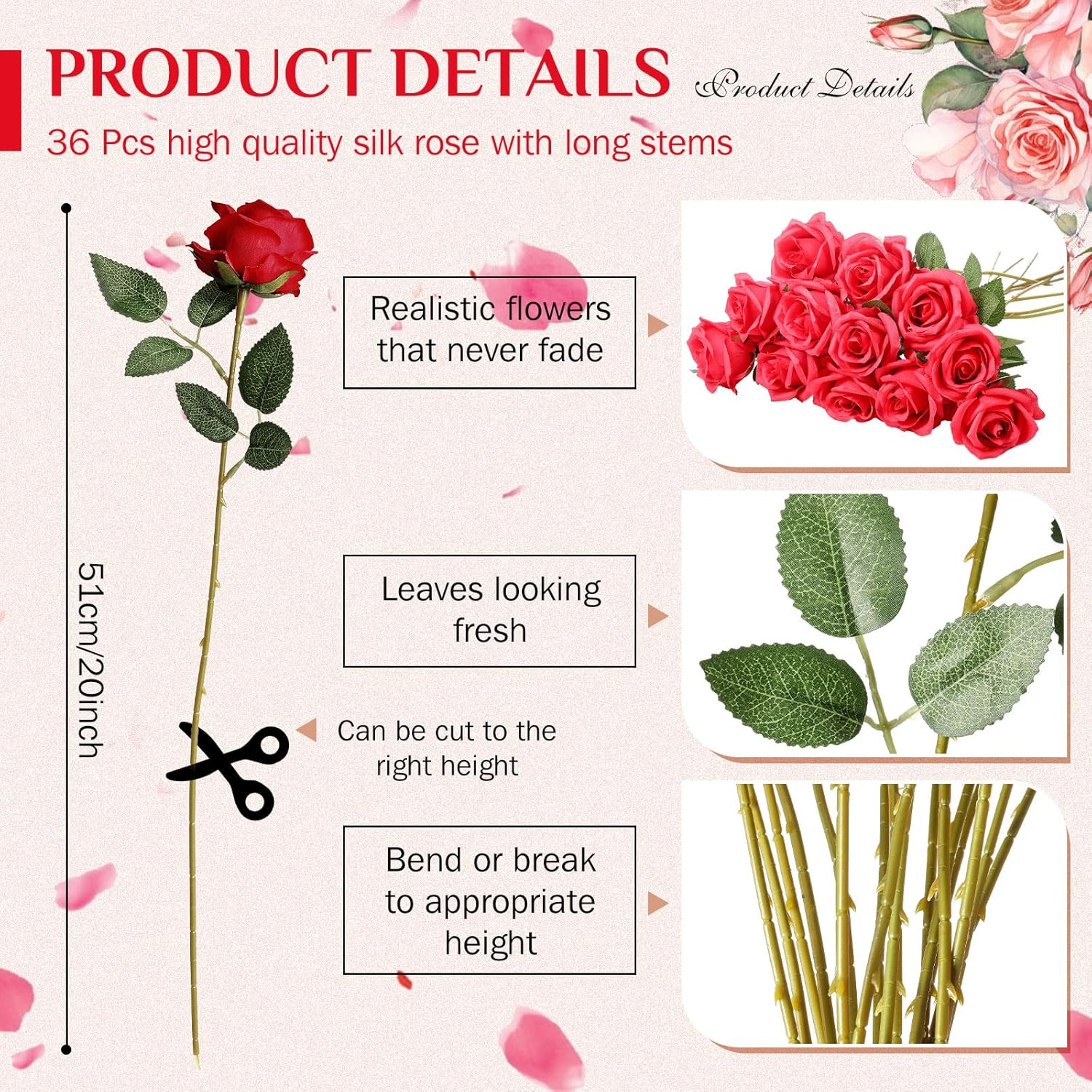 36 Pack Single Rose Gift Wrapping Set, Artificial Roses Bulk With Flower Sleeves, One Stem Rose Packaging For Valentine'S Day, Anniversary, Romantic Mother'S Gifts(Black)
