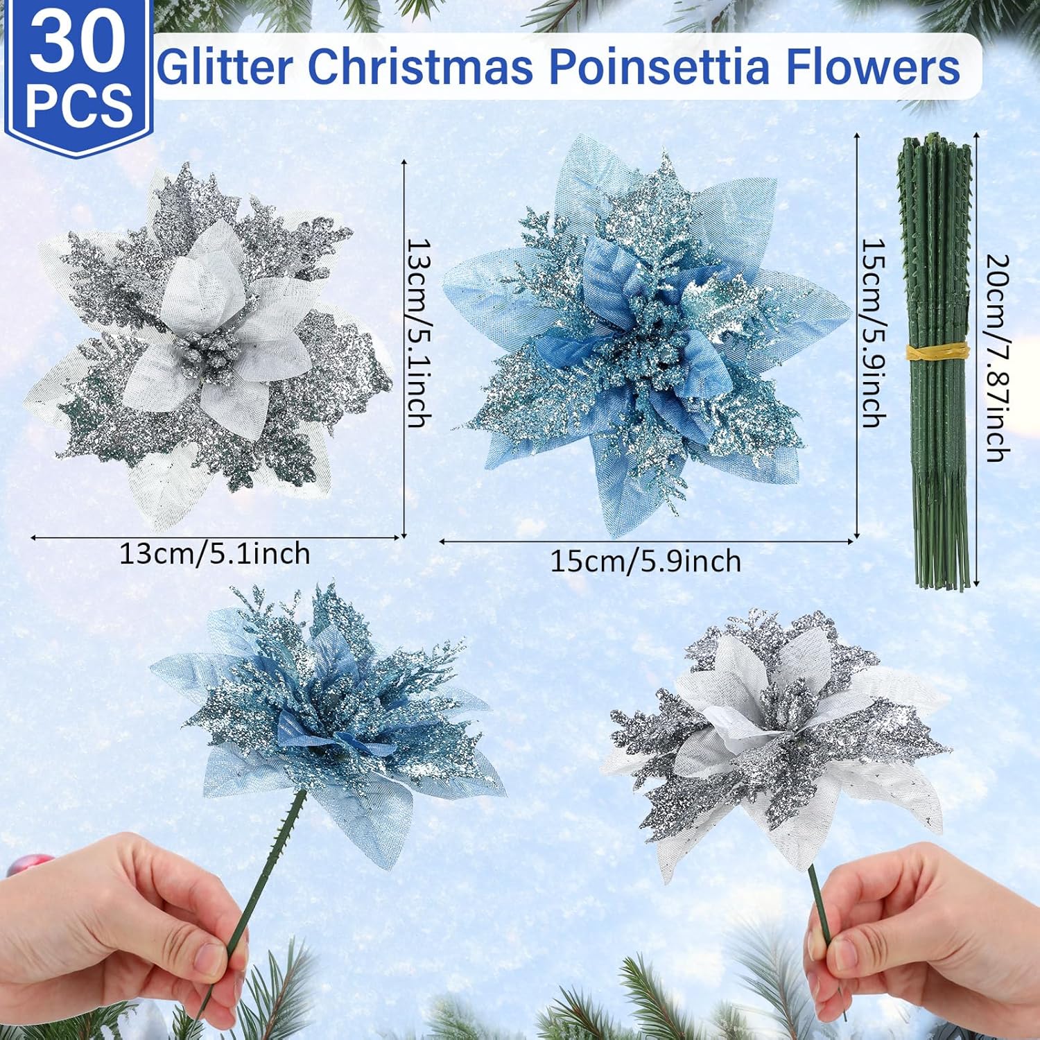 30 Pcs Poinsettia Christmas Artificial Glitter Flower Xmas Flower Poinsettia For Xmas Christmas Tree Craft Decor(Light Blue, Silver)
