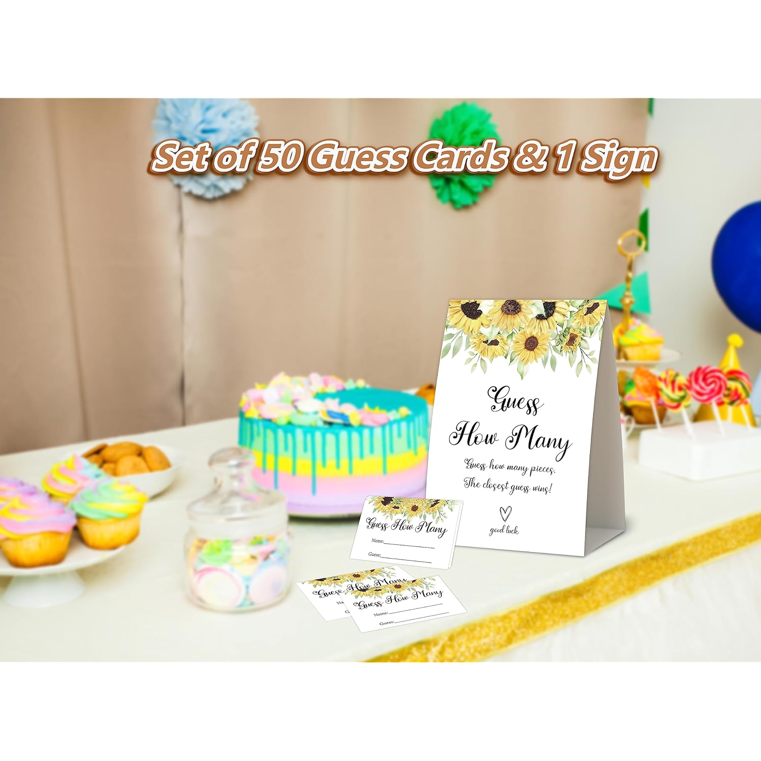 Sunflower Shower Game,How Many,Baby Shower Games,Wedding Shower Games,Baby Shower Decorations Gender Neutral,Bridal Shower Decoration,Birthday Party Game,50 Cards & 1 Sign -5