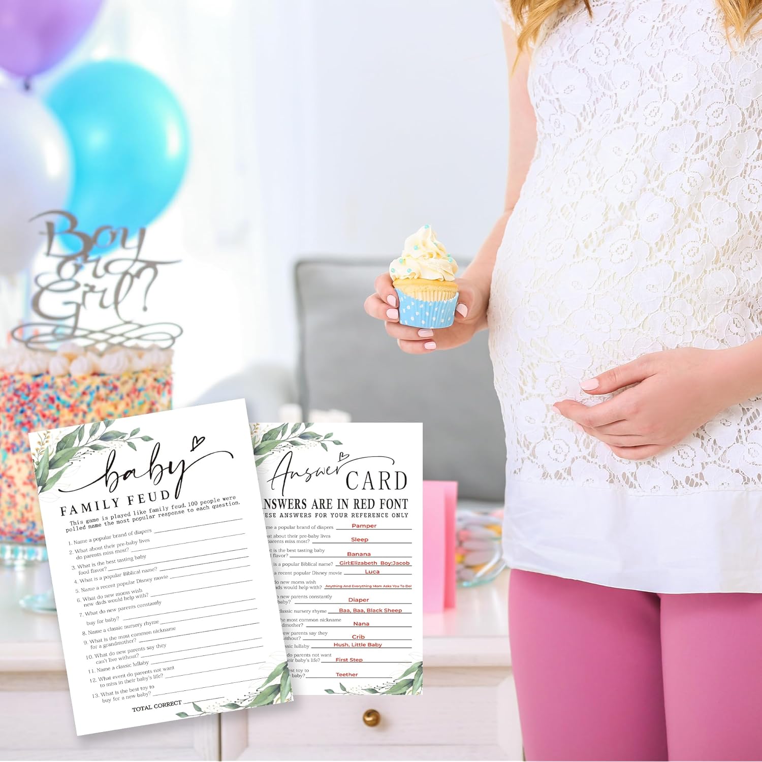 Baby Family Feud Baby Shower Game, 30 Greenery And White Game Cards For Girl Boy With 1 Answer Card, Gender Reveal Games, Baby Announcement,Party Favor & Supplies-B12