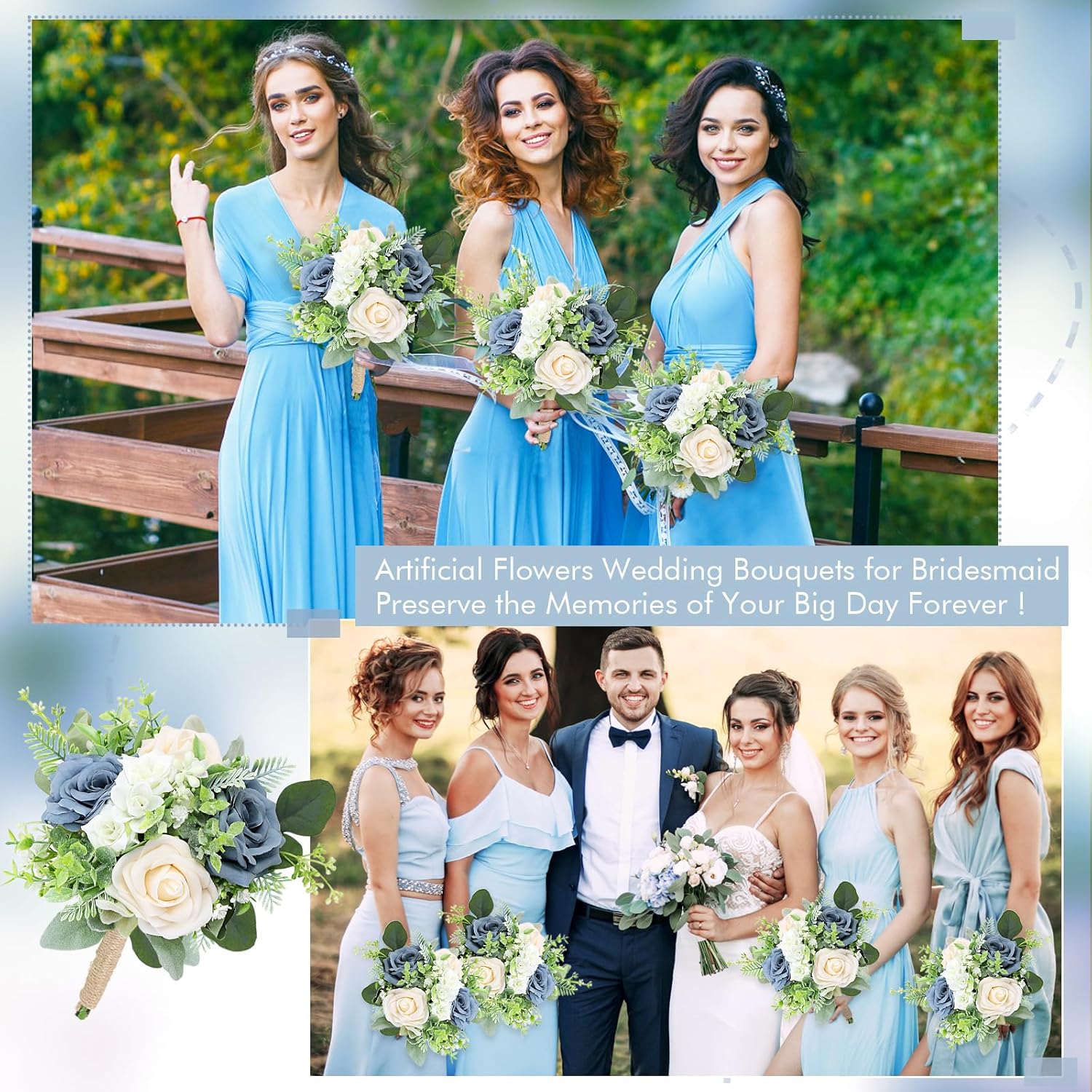 7 Inch Bridesmaid Bouquet Flowers - Artificial Bouquet For Bridesmaid Wedding Rustic Small Floral Centerpiece For Marriage Proposal Party Anniversary Dining Table Decor - Green & Dusty Blue