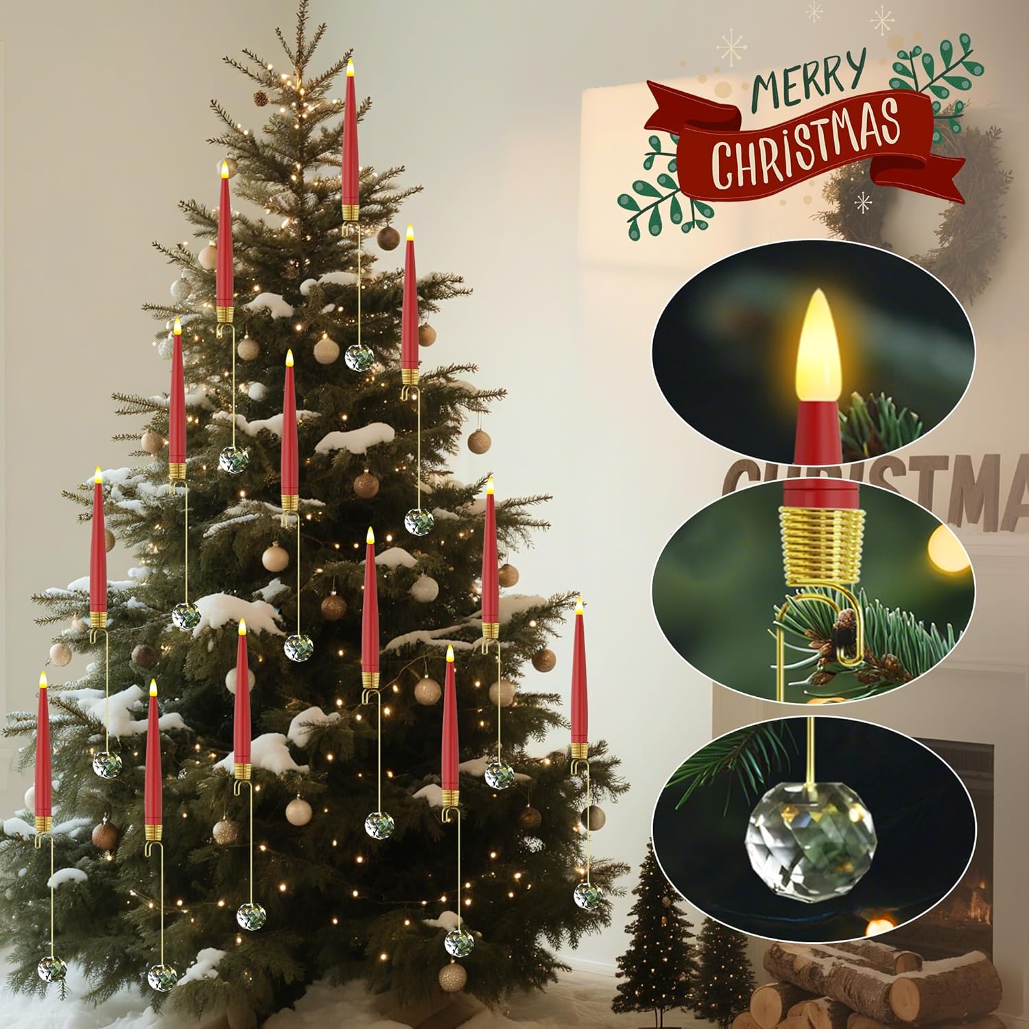 Christmas Tree Candles With Remote, Red Battery Operated Christmas Candles, Led Candlesticks With Crystal Ornaments For Xmas Tree, Flickering Flameless Taper Candle For Home, Party Decor, 12 Pcs
