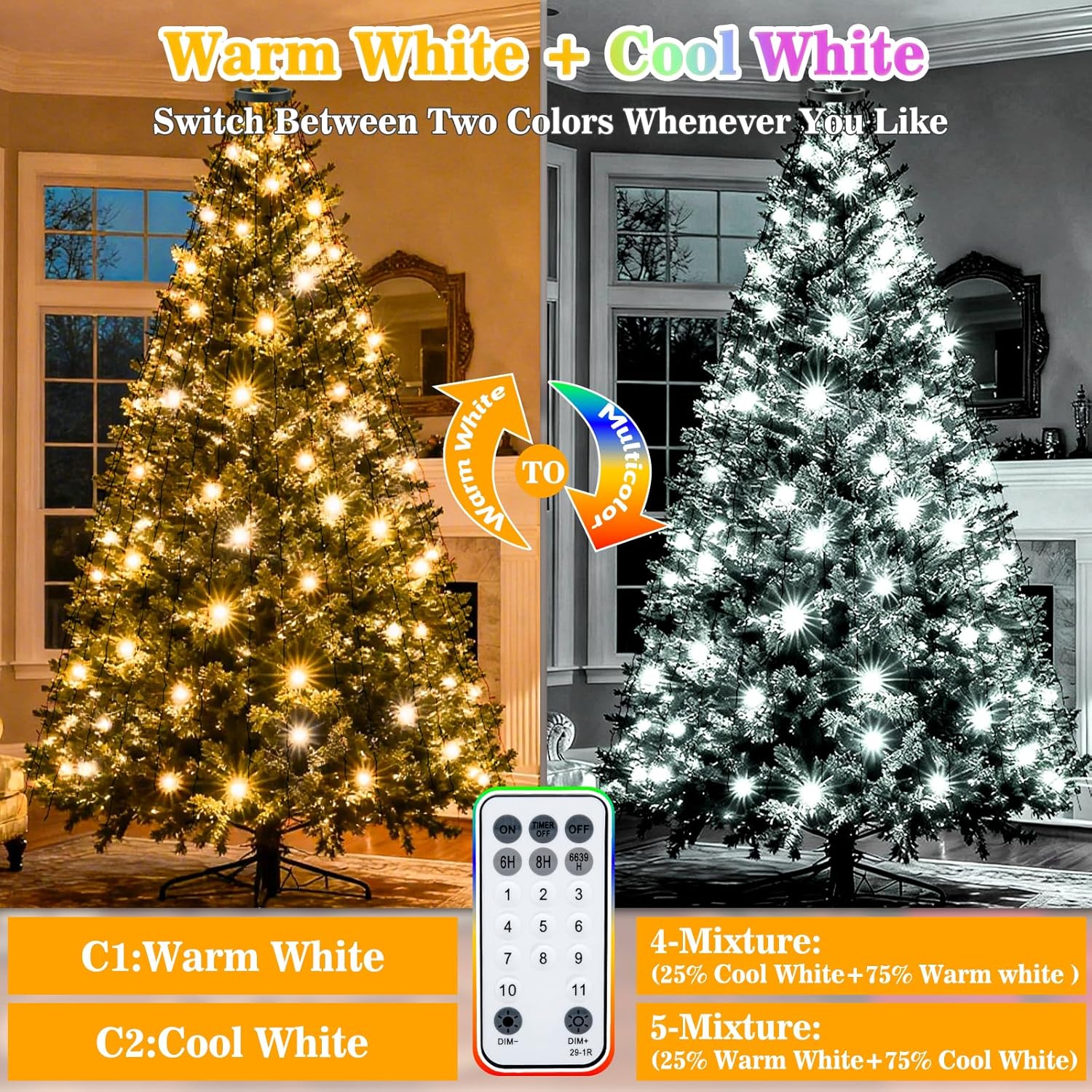 Christmas Tree Lights With Remote, 6.5Ft 400Led Christmas Lights16 Lines Color Changing Warm White & Cool White 11 Modes