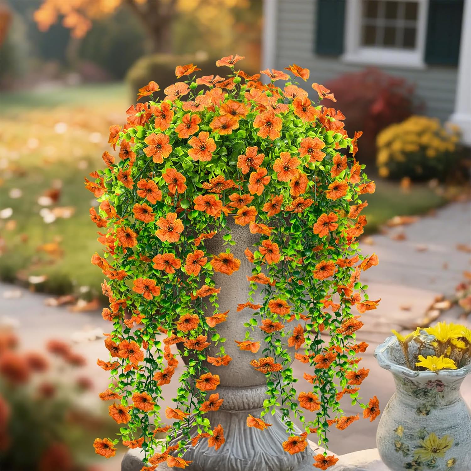 4 Pcs Artificial Outdoor Hanging Plants Fall Decoration Uv Resistant Faux Silk Flowers For Outside, Garden, Porch, Window, Home Decor(Orange)