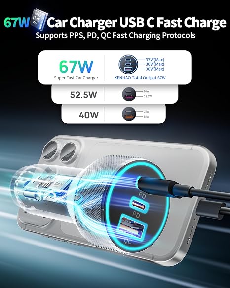 67W 3 Port USB C Car Charger with 3FT Cable Fast Charging Adapter for Samsung iPhone