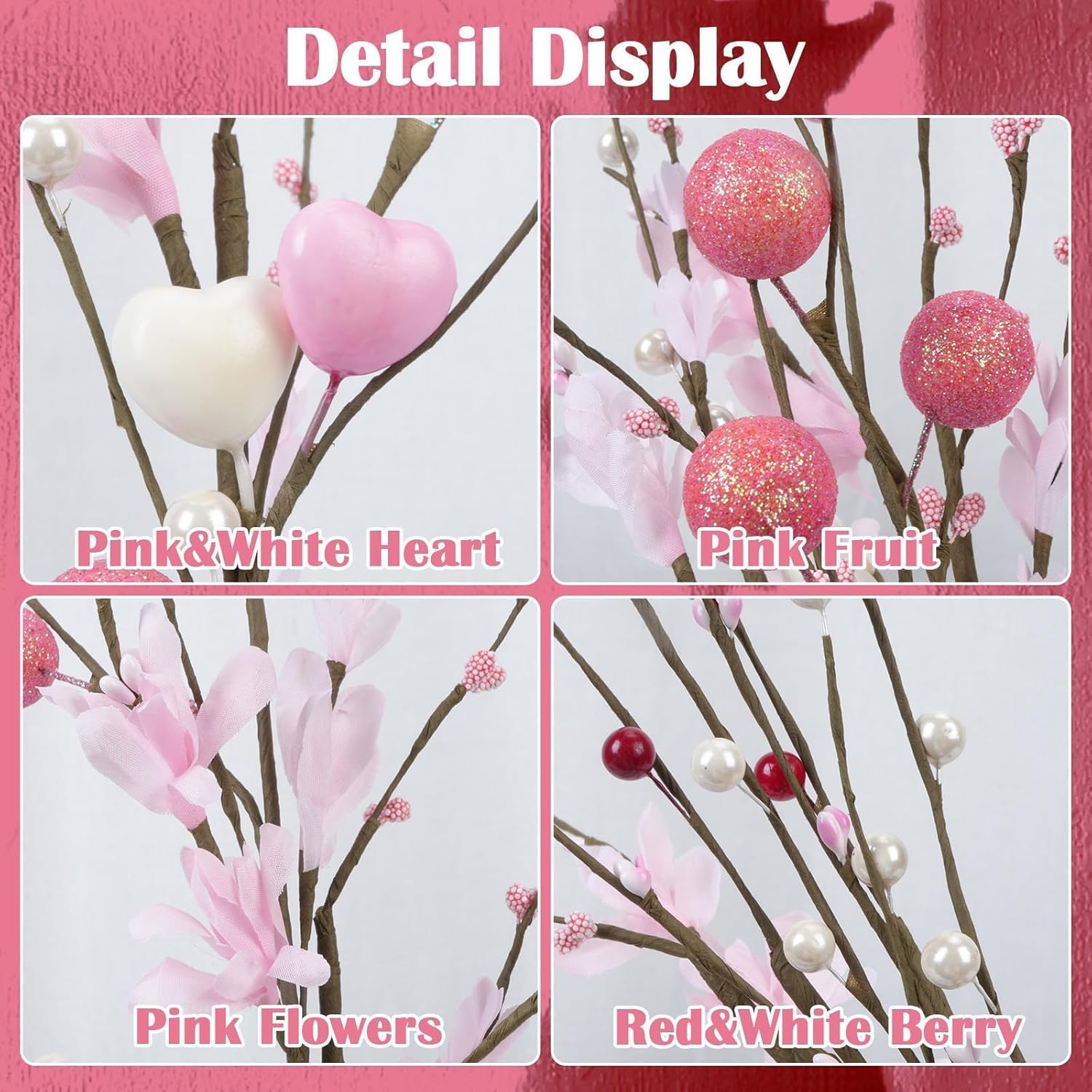 19.7 Inch Valentines Day Decorations 12Pcs Valentine Picks And Sprays Artificial Floral Stems With Pink Heart Shaped Berry For Home Table Centerpieces Wedding Anniversary Candlelight Dinner
