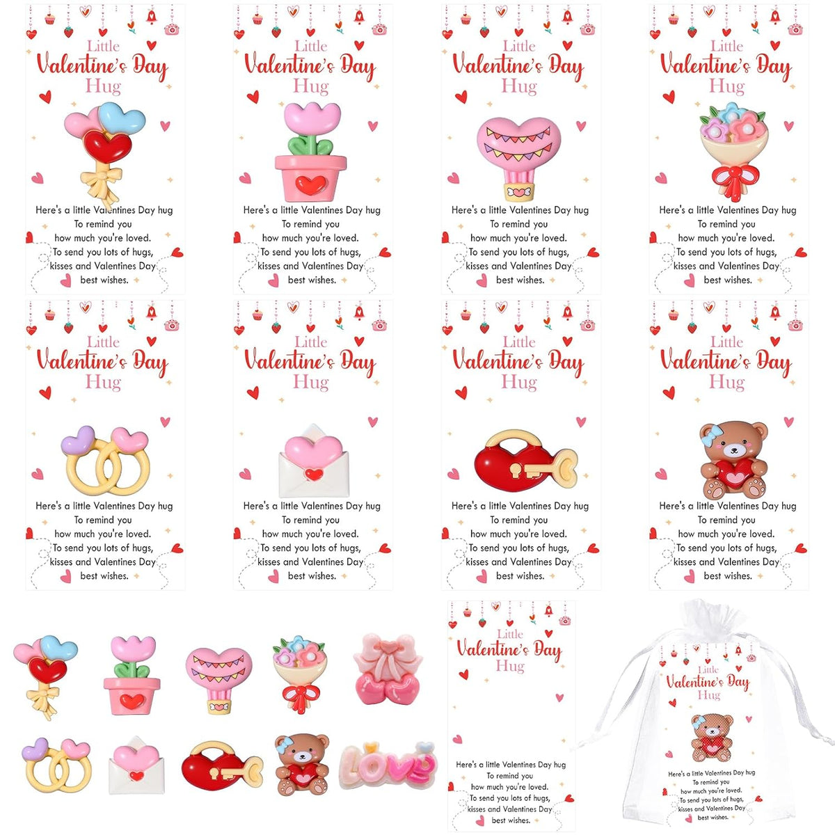 10 Sets Valentine'S Day Little Pocket Hug Gifts Bulk, Resin Heart Flower Pocket Hug Token With Valentines Card & Organza Bag Emotional Support Exchange Cards For Friends Colleagues Family Gifts