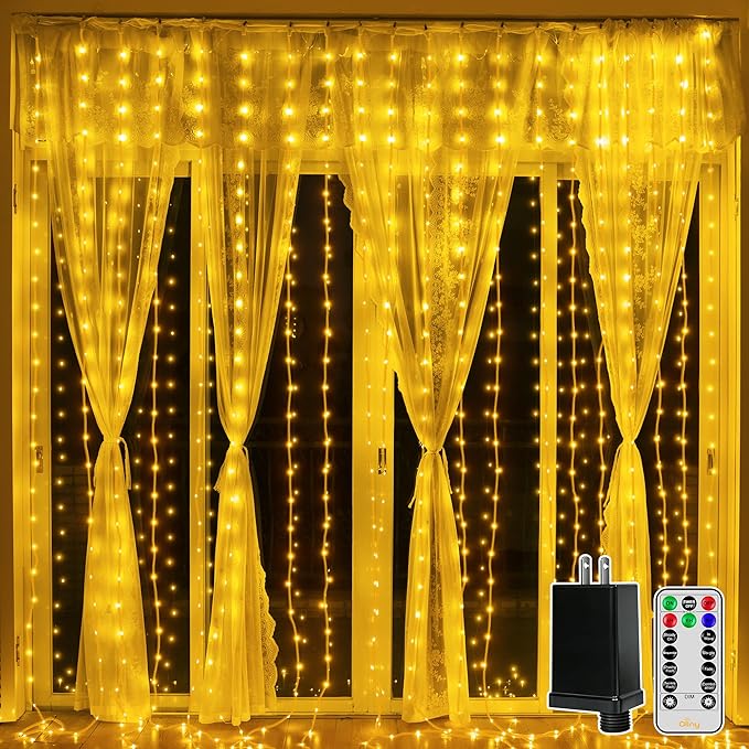 300 LED Curtain Lights 9.8FT x 9.8FT Waterproof Connectable Fairy String Lights with Remote 8 Modes Timer Plug In Warm White Wall Backdrop Wedding Party Decor