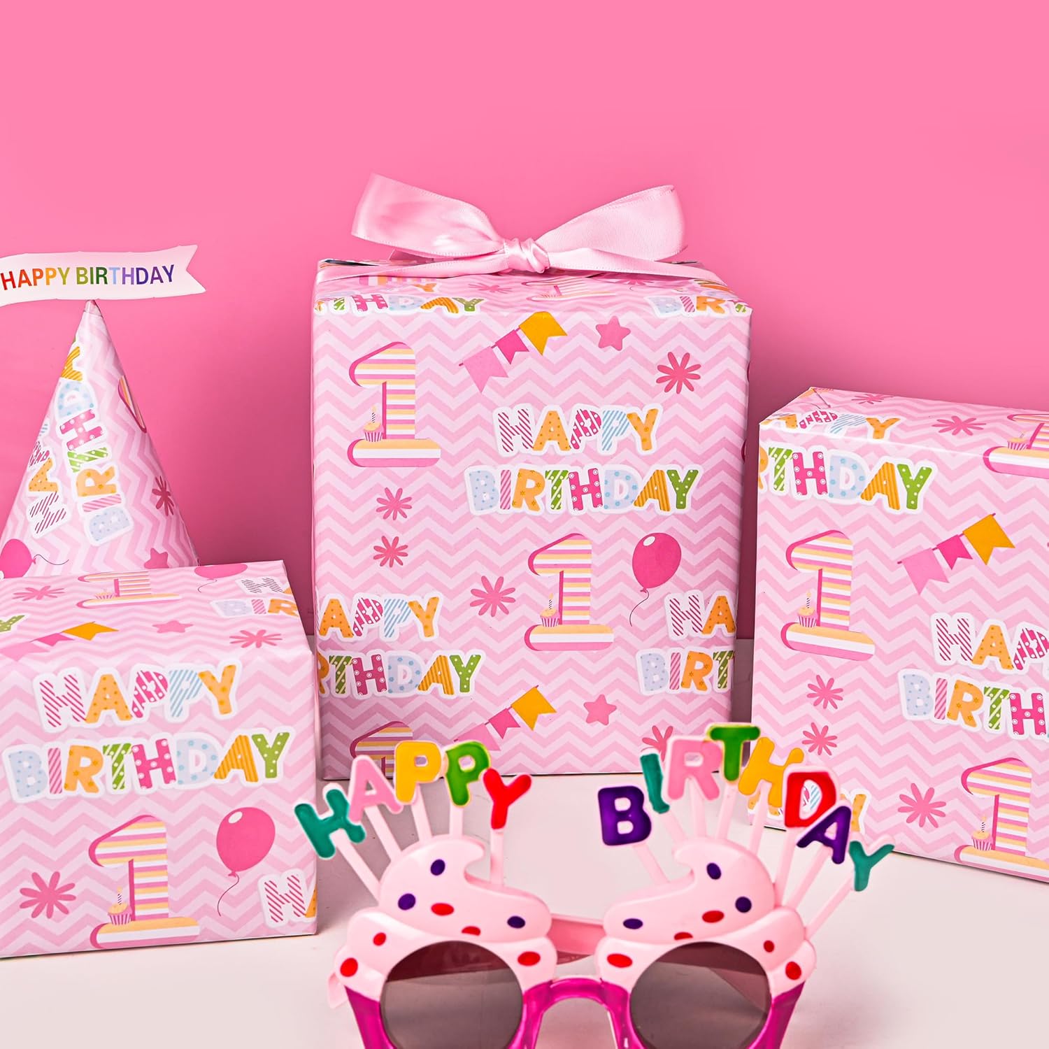 1St Birthday Wrapping Paper Roll - Pink Happy Birthday With Balloon Gift Wrap Sheets For Kids Girls Baby Shower Party Decoration Celebration Total 28.5Sq.Ft