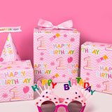 1St Birthday Wrapping Paper Roll - Pink Happy Birthday With Balloon Gift Wrap Sheets For Kids Girls Baby Shower Party Decoration Celebration Total 28.5Sq.Ft