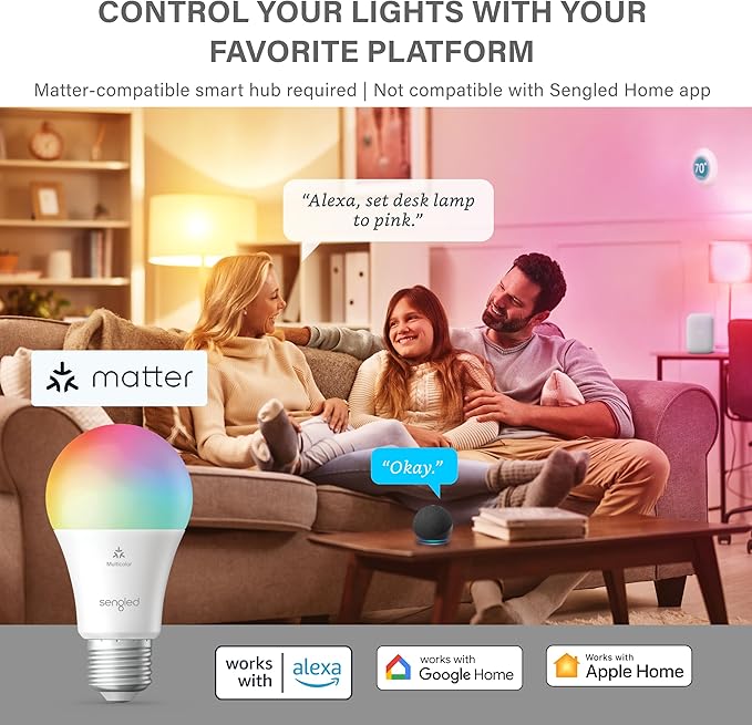 Matter A19 Smart LED Light Bulb 60W Equivalent 800LM RGB WiFi Alexa Google Apple Home Instant Pairing