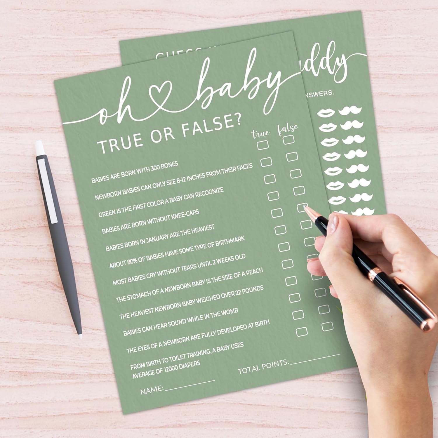 Hilarious Baby Shower Game Cards Ideas, 5" X 7" Double-Sided Baby Shower Games For Girl Or Boy, Green Minimalism Gender Reveal Party Supplies - D08
