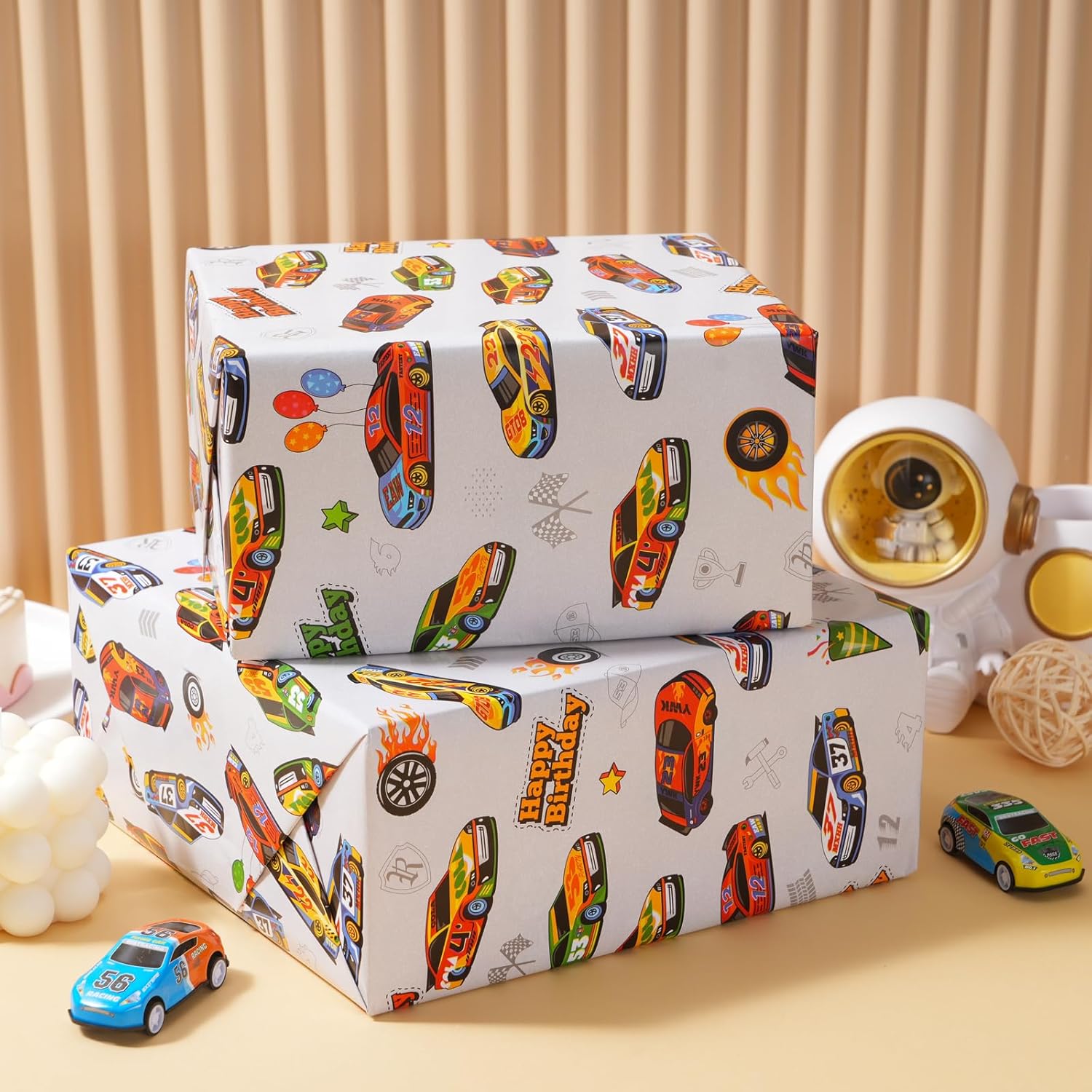 Race Car Reversible Wrapping Paper Roll - Gift Wrap With Black & White Checkered Flag On Reverse- Perfect For Holidays, Birthdays, Babay Shower And Christmas - 17.5 In X 33 Ft (48 Sq. Ft)