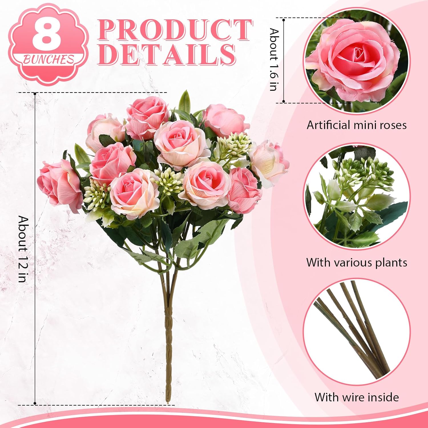 8 Pack 12 Inch Wedding Bouquets For Bride Bridesmaid Red Artificial Rose Bouquet Fake Silk Roses Flowers Bunches Bulk For Home Office Garden Parties(Pink)