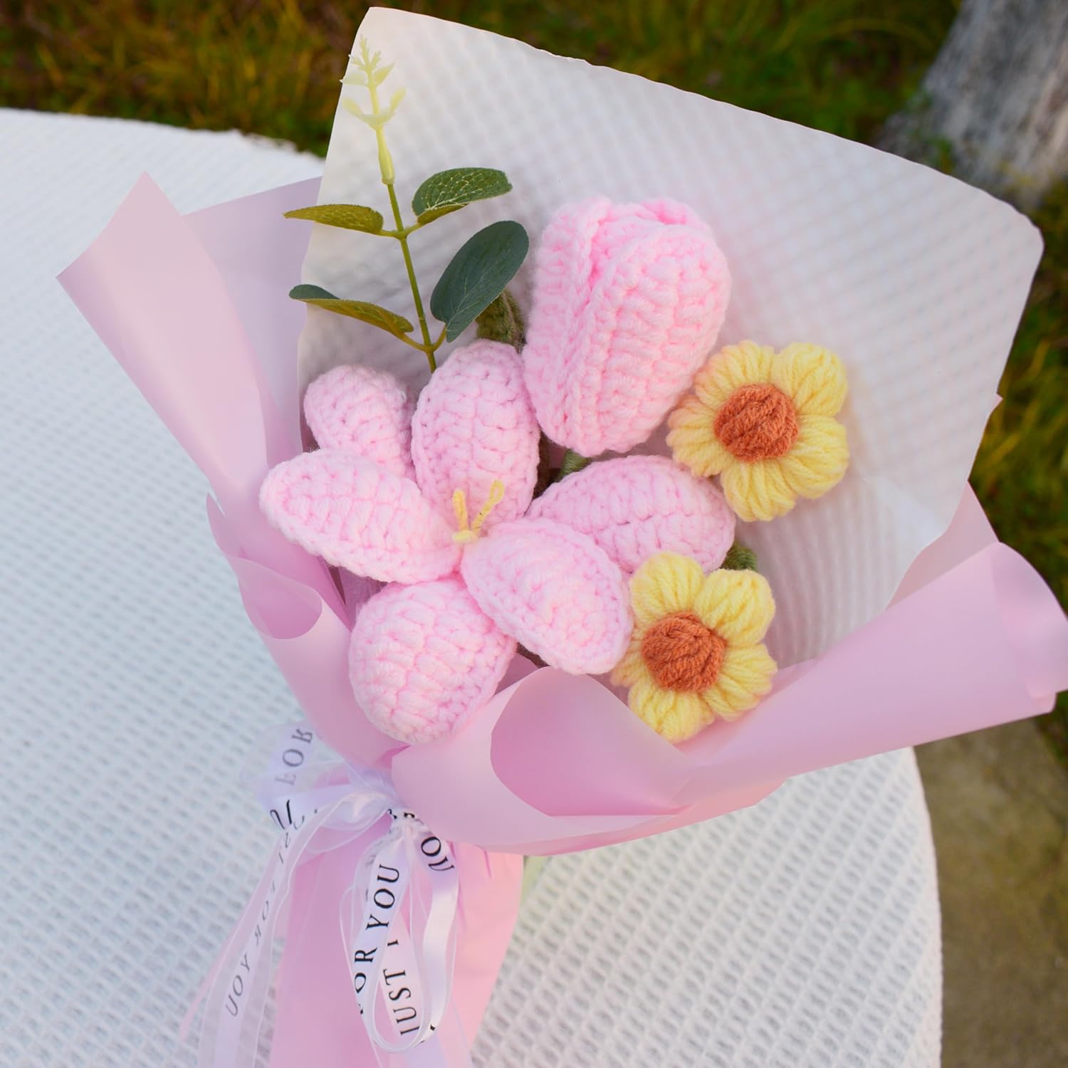 Crochet Flowers Bouquet, Knitted Llies Flower Bouquet, Artificial Flowers Completed Handmade Tulip For Home Decoration And Valentine'S Day Mother'S Day Birthday Wedding Gift (Pink)