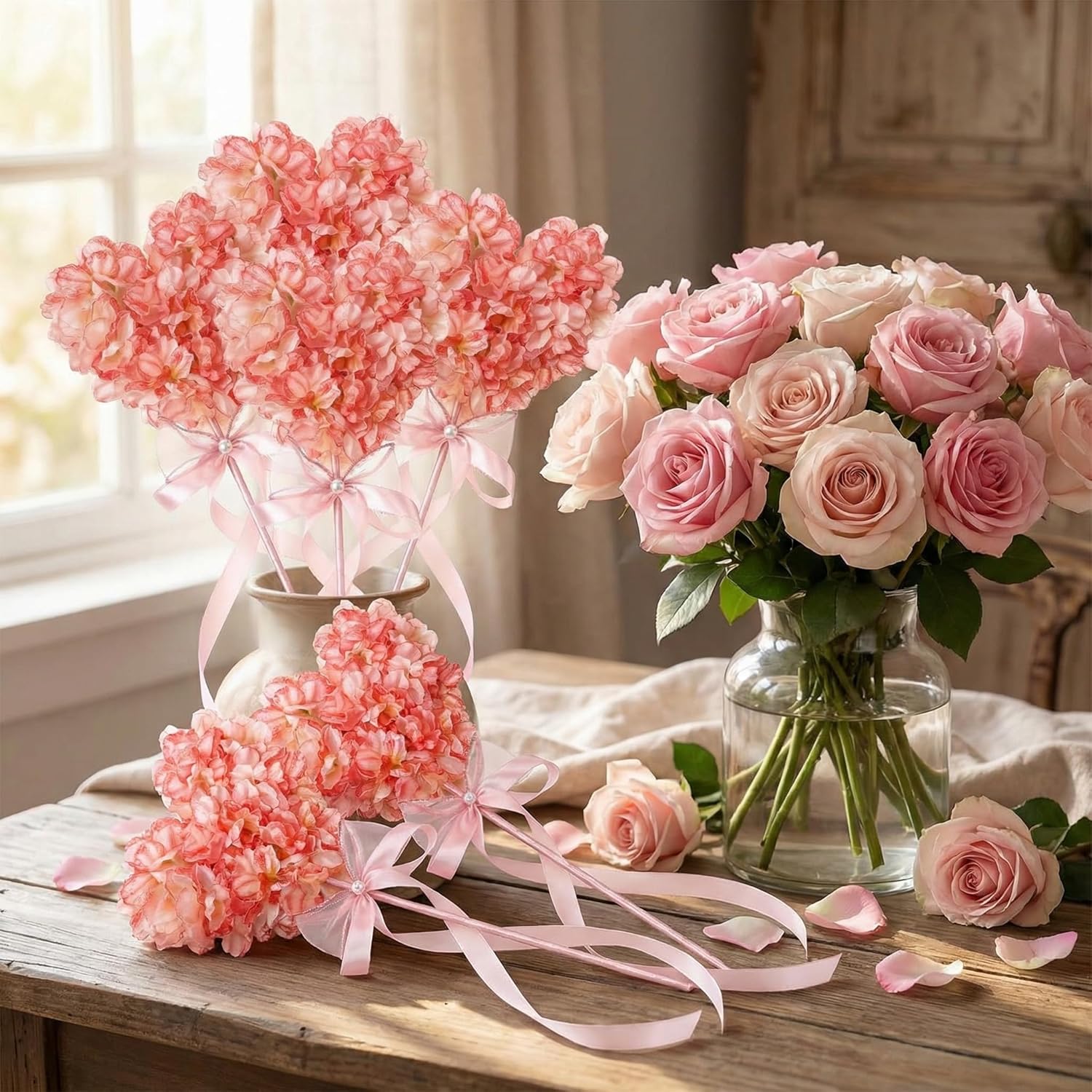 1 Set Heart Shaped Artificial Hydrangea Decor, Romantic Valentine Heart Flower For Home Table Vase Decoration, Pink Red Floral Decor Small Thoughtful Gift For Her Women (Pink)