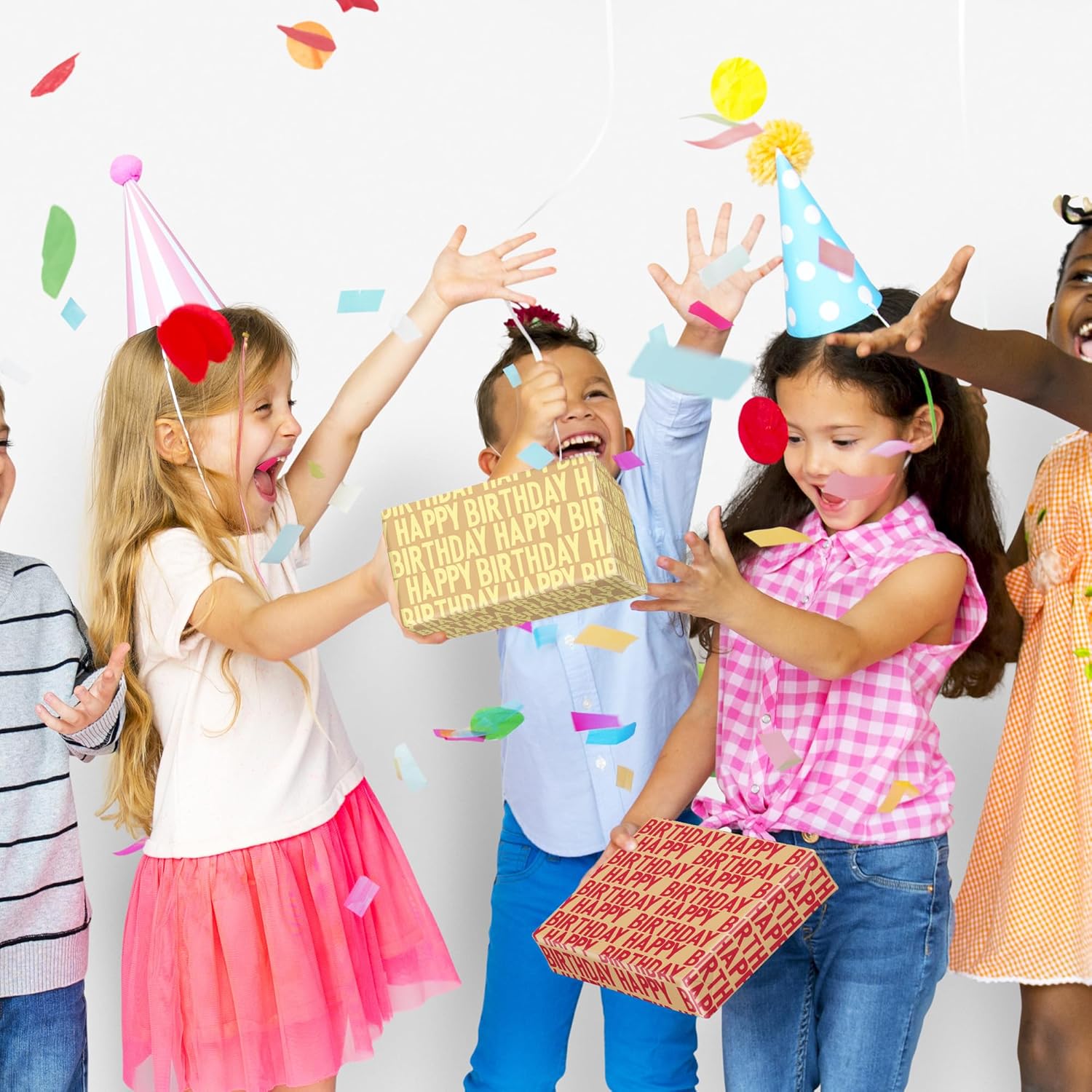 Vintage Recyclable Kraft Birthday Wrapping Paper Rolls, Designed With Text Black Red Gold Happy Birthday, 3 Mini Rolls, 17 Inch X 9.8 Feet Per Roll