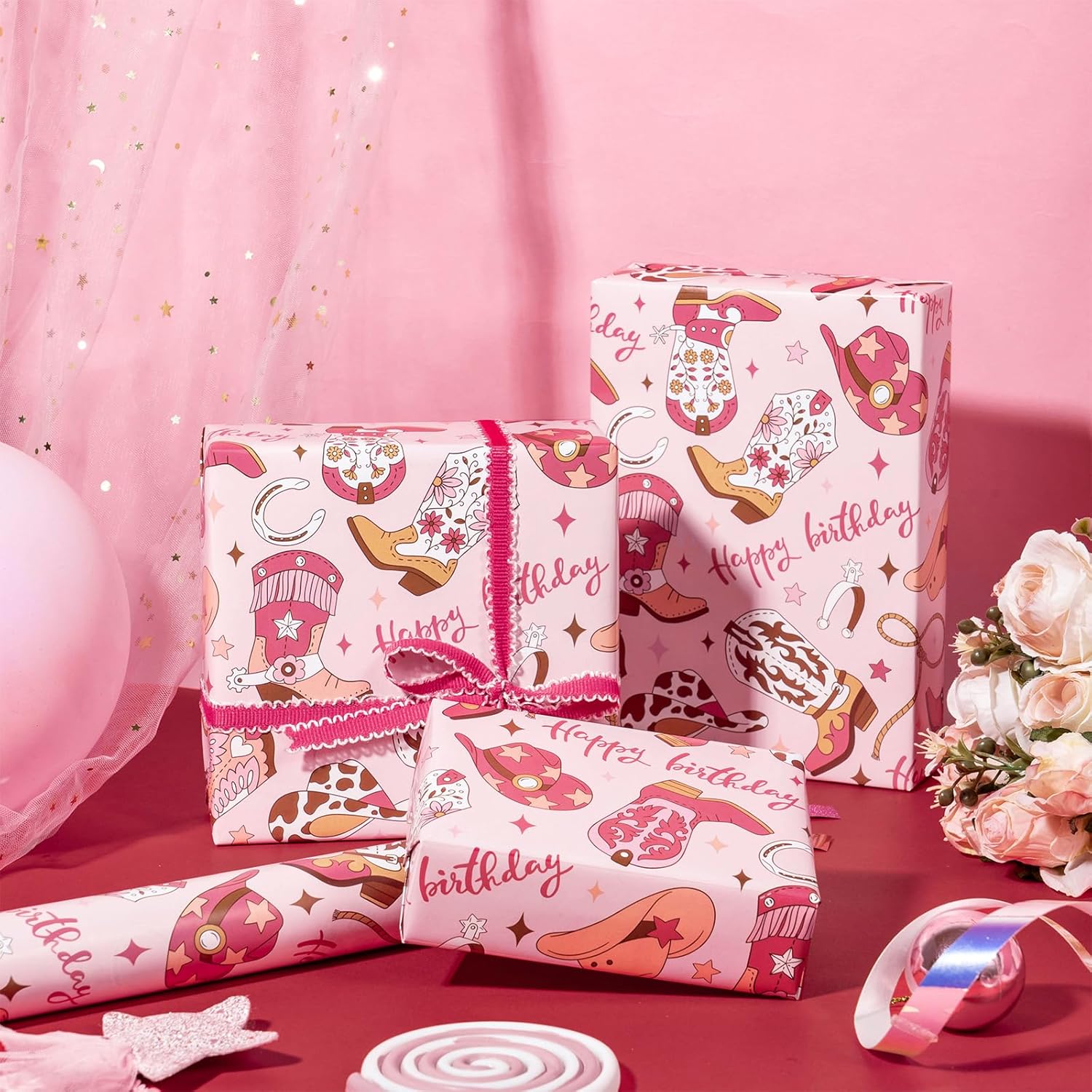 Pink Cowgirl Birthday Wrapping Paper Roll, Festive Western Design, Greetings, For Girl'S Birthday Party, Gift Wrap, Diy Crafts, 17 Inches X 16.5 Feet (23.2 Sq.Ft.)