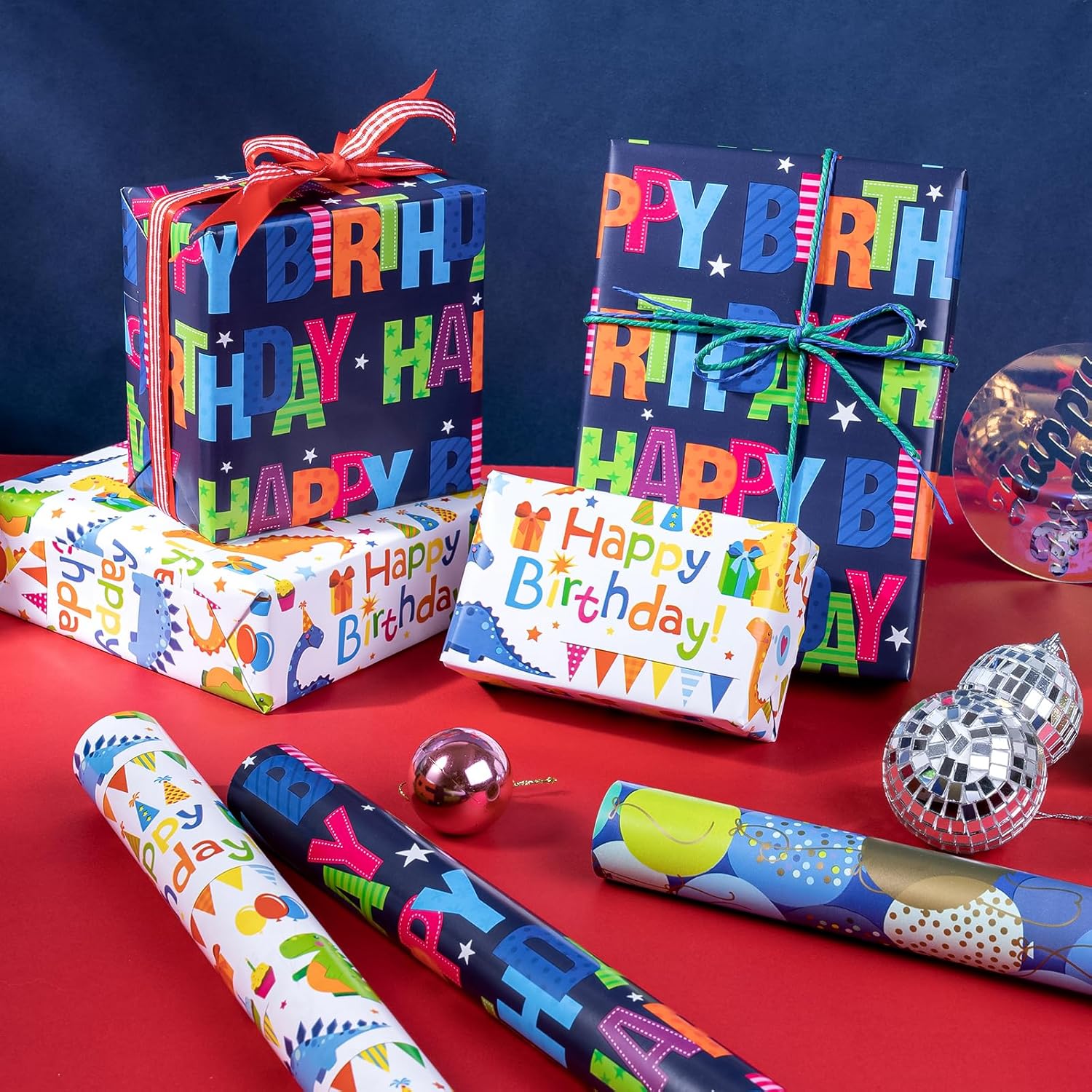 Dinosaur Birthday Wrapping Paper Roll - Mini Roll - 3 Rolls - 17 Inch X 120 Inch Per Roll - Happy Bday Wrapping Paper For Kids Boys Birthday, Baby Shower, Dinosaur Lover