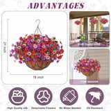 Artificial Silk Flowers Hanging Baskets Outdoors Indoors, Fake Daisy With Eucalyptus Leaves Arrangement For Garden Yard Spring Summer Decor Faux Green Plant(Red Brown Purple Pink)