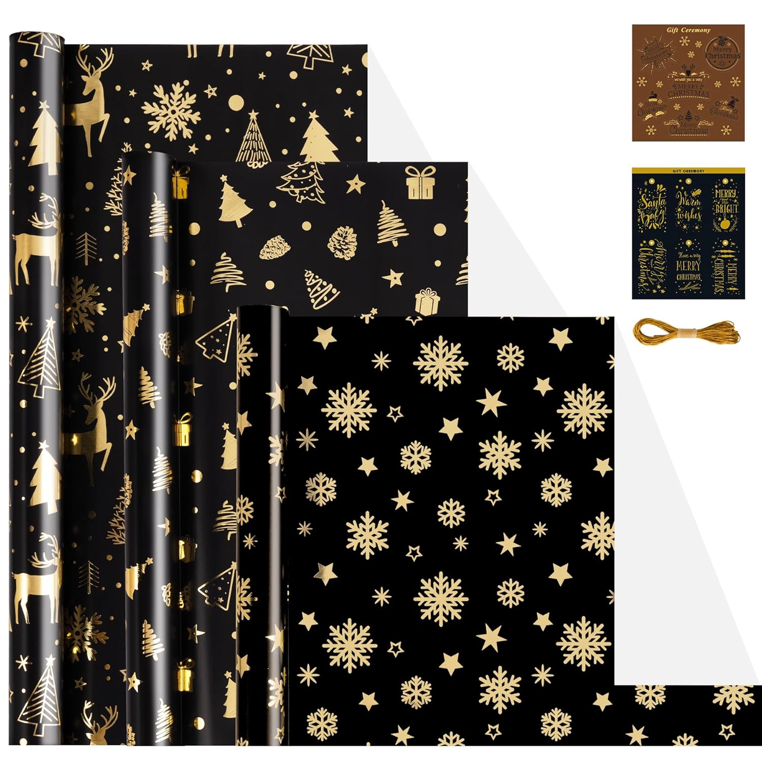 Christmas Wrapping Paper Rolls-3 Rolls Black And Gold Wrapping Paper, Christmas Tree Snowflake Reindeer Glitter Foil Xmas Wrap Paper For New Year, Party, Birthday, Wedding, Holiday, 17 X 118''