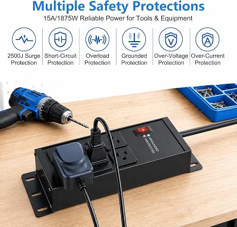 Heavy Duty Black Surge Protector Power Strip with 6 Outlets and 4FT Cord for Garage and Workshop