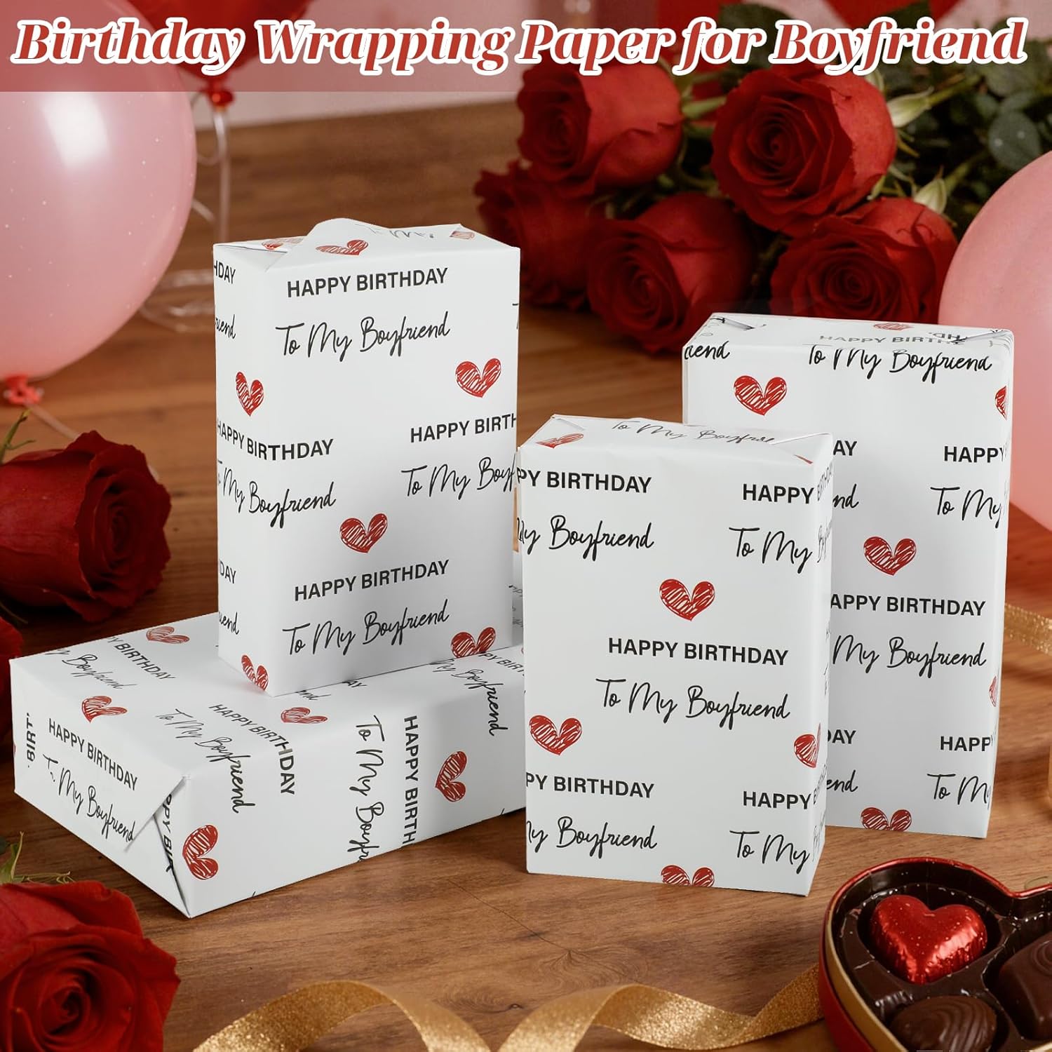 Boyfriend Birthday Wrapping Paper Roll, 17 Inch × 16.4 Feet, Boyfriend Happy Birthday Gift Wrap With Heart Pattern For Him Valentine'S Day Anniversary Party Holiday